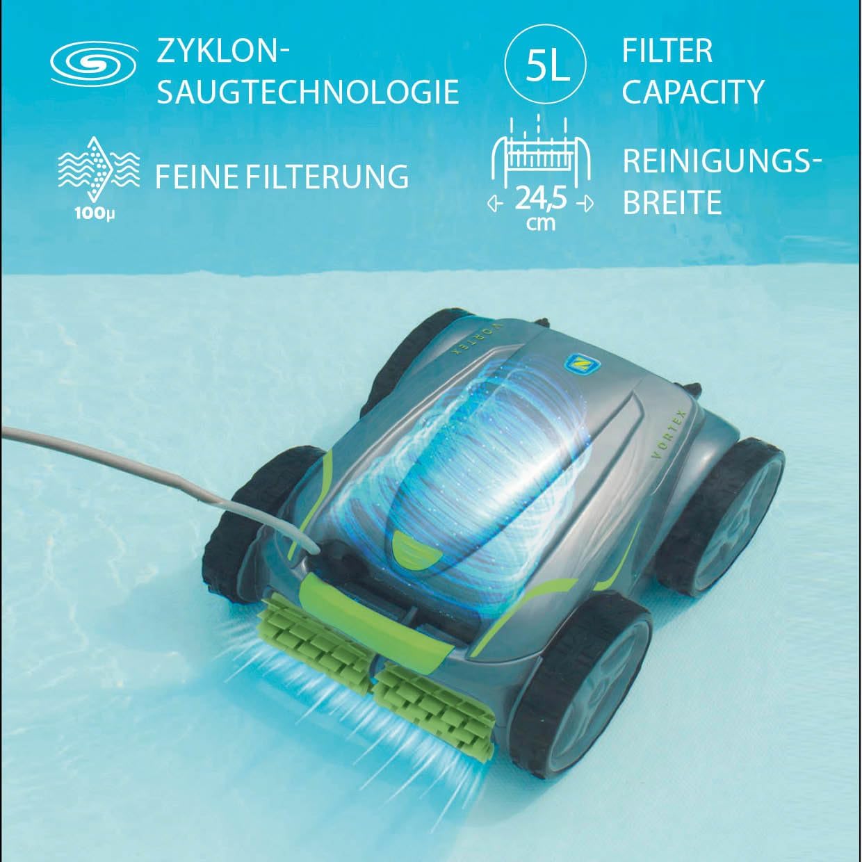 Zodiac Vortex 4WD GV5220 Poolroboter – Automatisch, Boden-, Wand- & Wasserlinienreinigung, bis 12×6 m, mit 18 m Kabel & Trolley