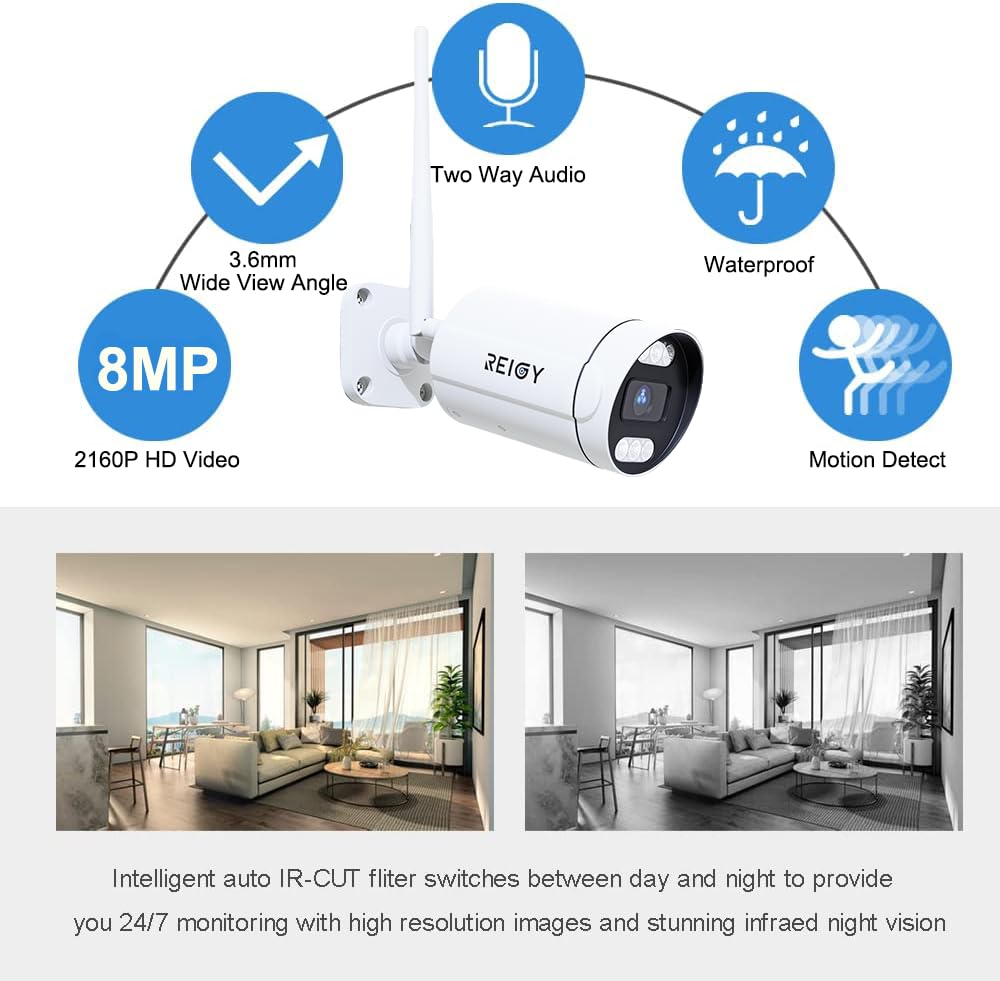 REIGY 8MP WLAN Kamera Set – 4× 4K Outdoor-Kameras, 16CH WiFi NVR mit 2TB, Zwei-Wege-Audio, Bewegungserkennung, Farb-Nachtsicht