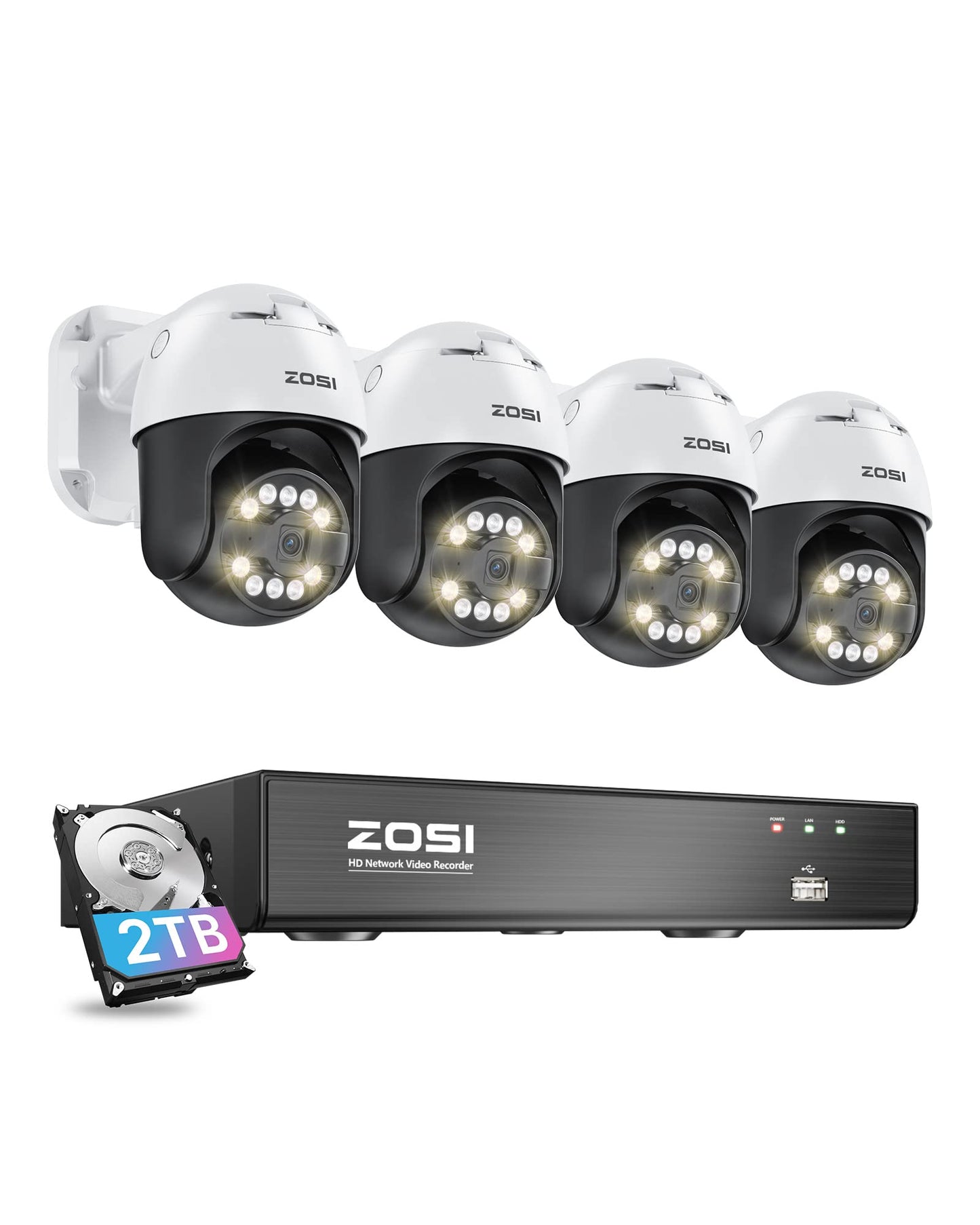 ZOSI 5MP PoE Kamera Set – 4× PTZ Dome (355°/140°), 8CH 4K NVR mit 2TB, 2-Wege-Audio, Licht- & Tonalarm, für Außenbereich