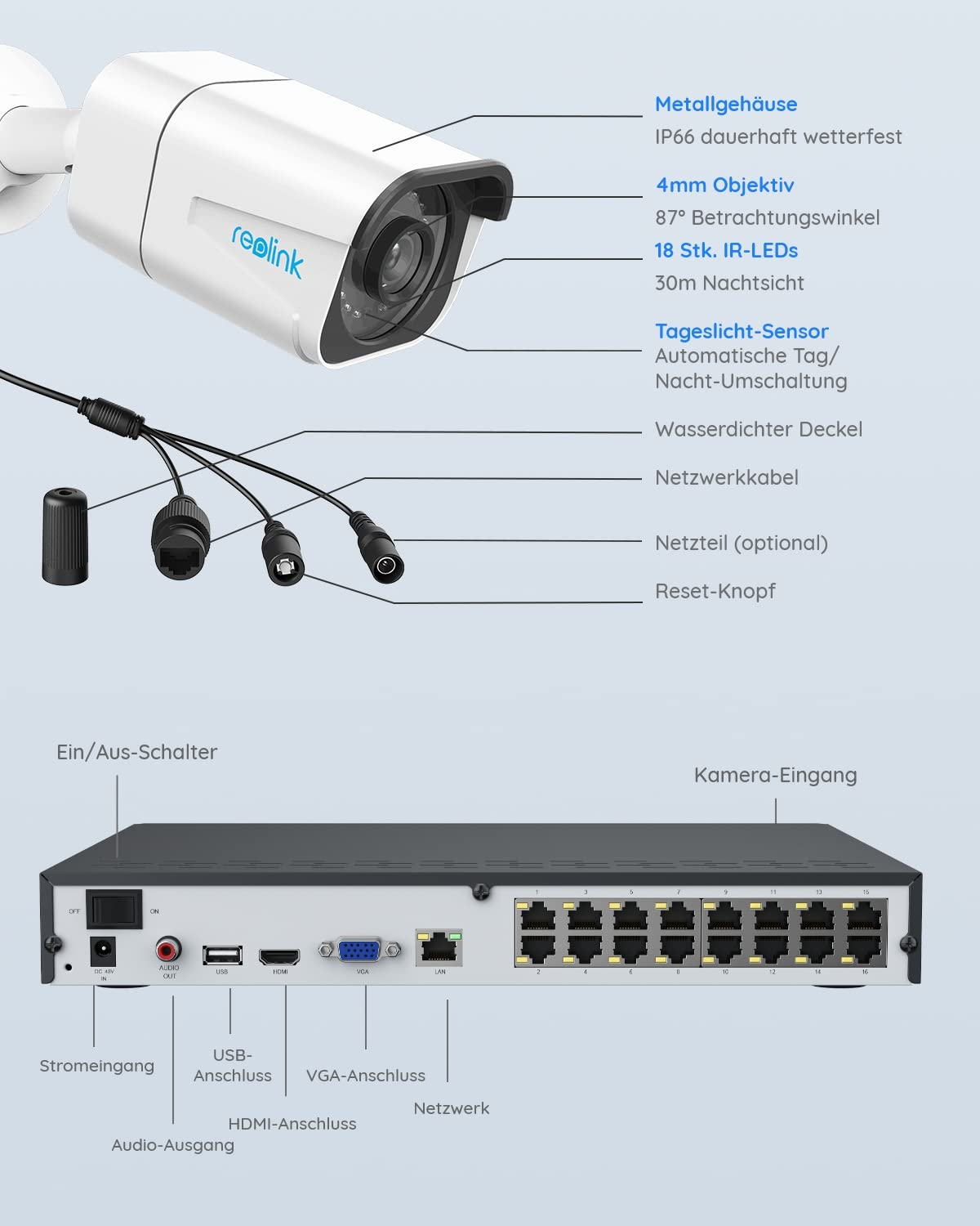 Reolink 4K Kamera Set – 8× 8MP PoE, 16CH NVR mit 4TB, Personen-/Fahrzeugerkennung, 30 m IR-Nachtsicht, IP66, für außen & innen (RLK16-800B8)