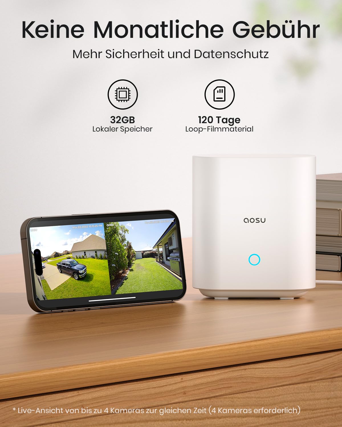 AOSU 3K Solar Überwachungskamera Set – 4× 5MP WLAN-Kameras, ohne Abo, 32GB Homebase, Farbnachtsicht, Auto-Tracking, für Außenbereich