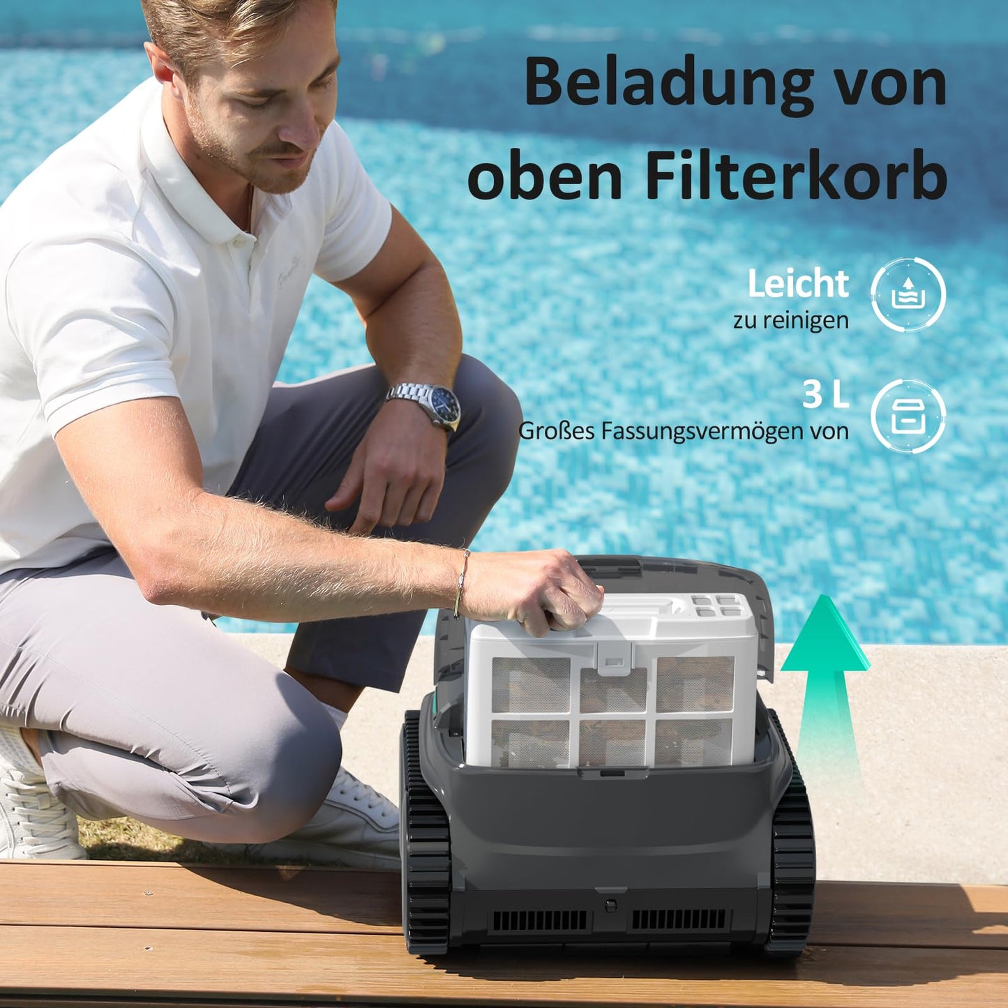 WYBOT C2 Vision AI Kamera Kabelloser poolroboter mit Akku, poolroboter Boden und Wand, Zweischicht-Filterung, leistungsstarke Absaugung, für Eingelassene Pools bis zu 180㎡(Schwarz Grün)