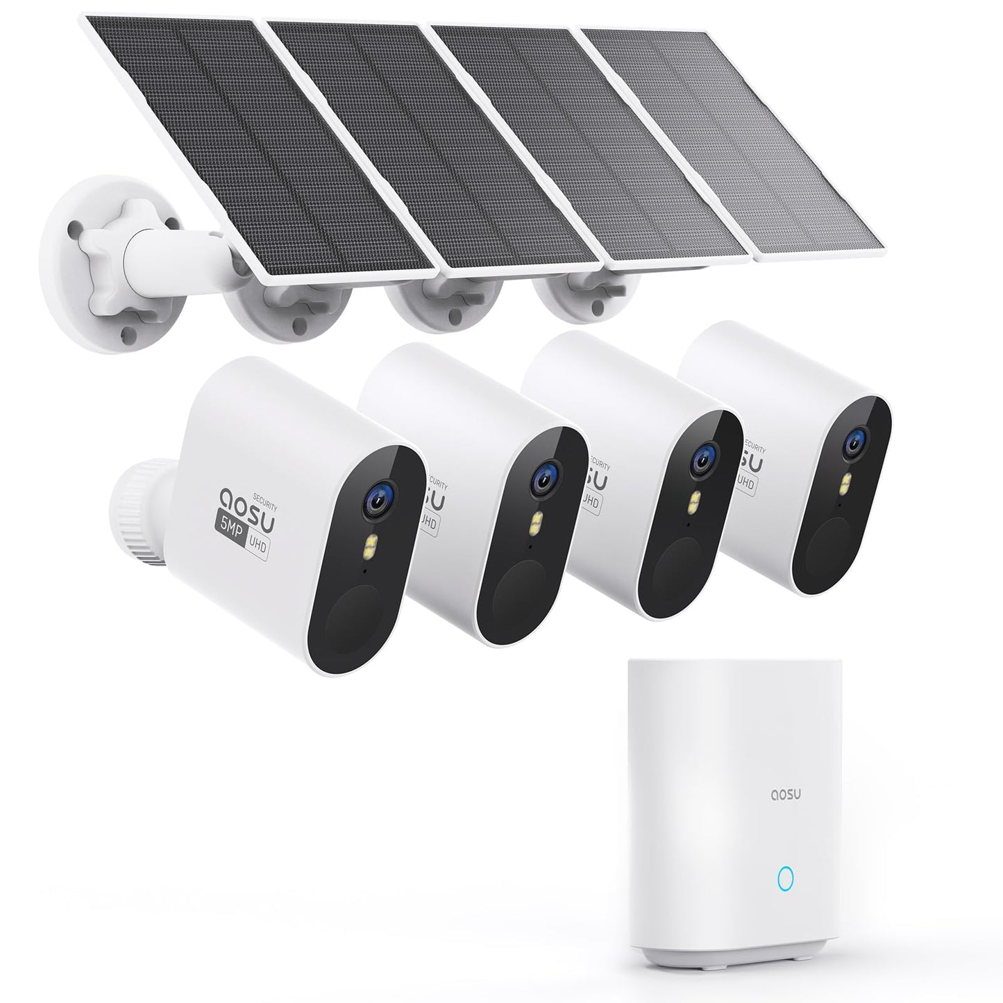 AOSU 3K Solar Überwachungskamera Set – 4× 5MP WLAN-Kameras, ohne Abo, 32GB Homebase, Farbnachtsicht, Auto-Tracking, für Außenbereich
