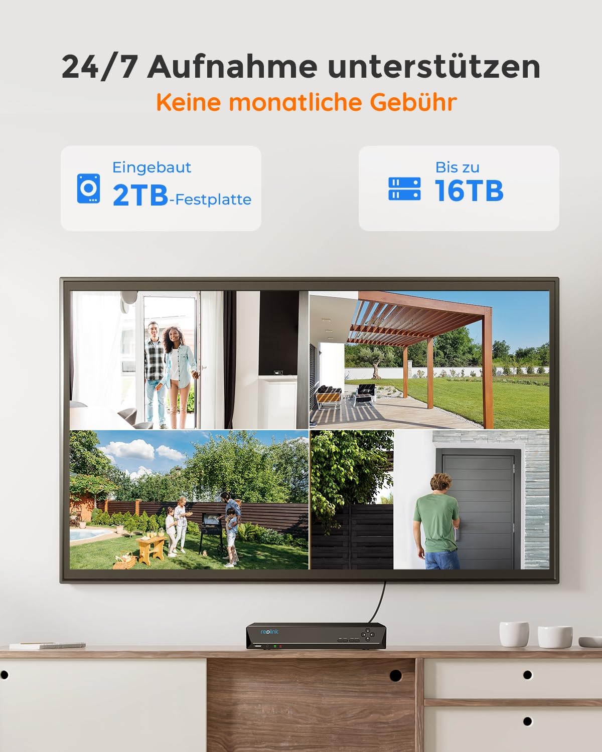 Reolink 5MP Kamera Set – 4× PoE Outdoor-Kameras, 8CH NVR mit 2TB, Personen-/Fahrzeugerkennung, IR-Nachtsicht, 24/7 Überwachung (RLK8-410B4-5MP)