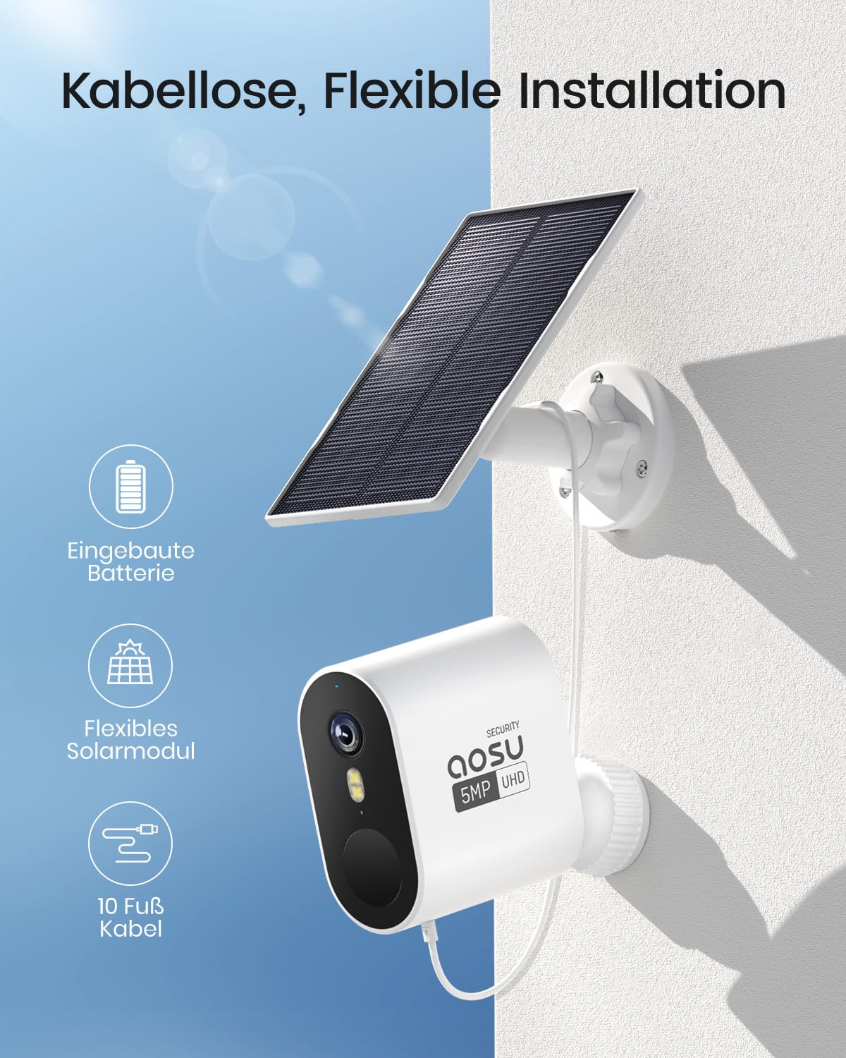 AOSU 3K Solar Überwachungskamera Set – 4× 5MP WLAN-Kameras, ohne Abo, 32GB Homebase, Farbnachtsicht, Auto-Tracking, für Außenbereich
