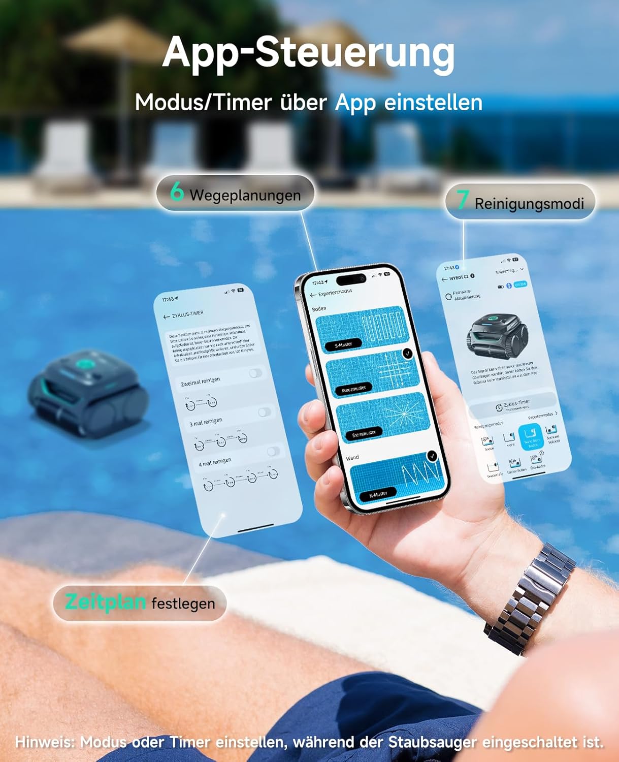 WYBOT C2 Poolroboter Akku Boden und Wand für Einbaupools bis 150㎡, Doppelfiltration, 3-Fach Motor, Starke Saugkraft, Wandkletter & Wasserlinie, 180 Min, App(Grau-Grün Grau)