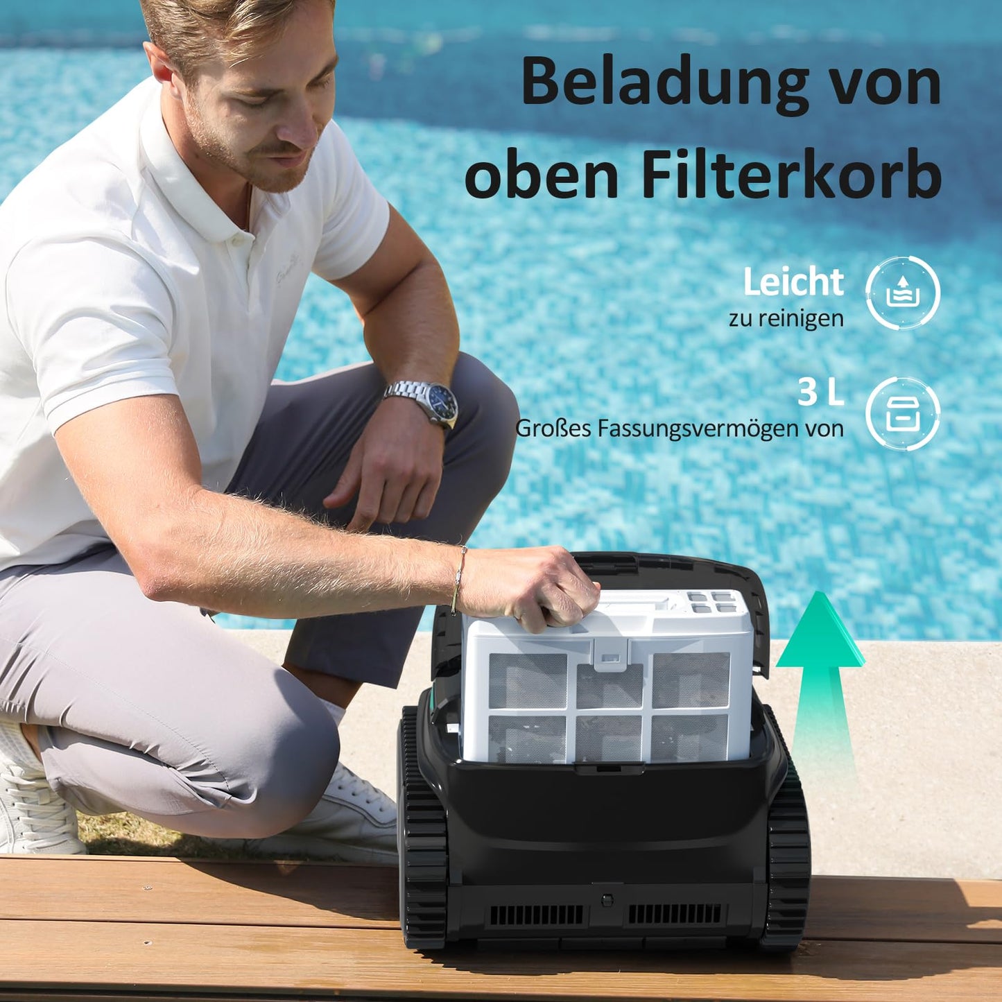WYBOT C2 Vision AI Kamera Kabelloser poolroboter mit Akku, poolroboter Boden und Wand, Zweischicht-Filterung, leistungsstarke Absaugung, für Eingelassene Pools bis zu 180㎡(Schwarz Grün)