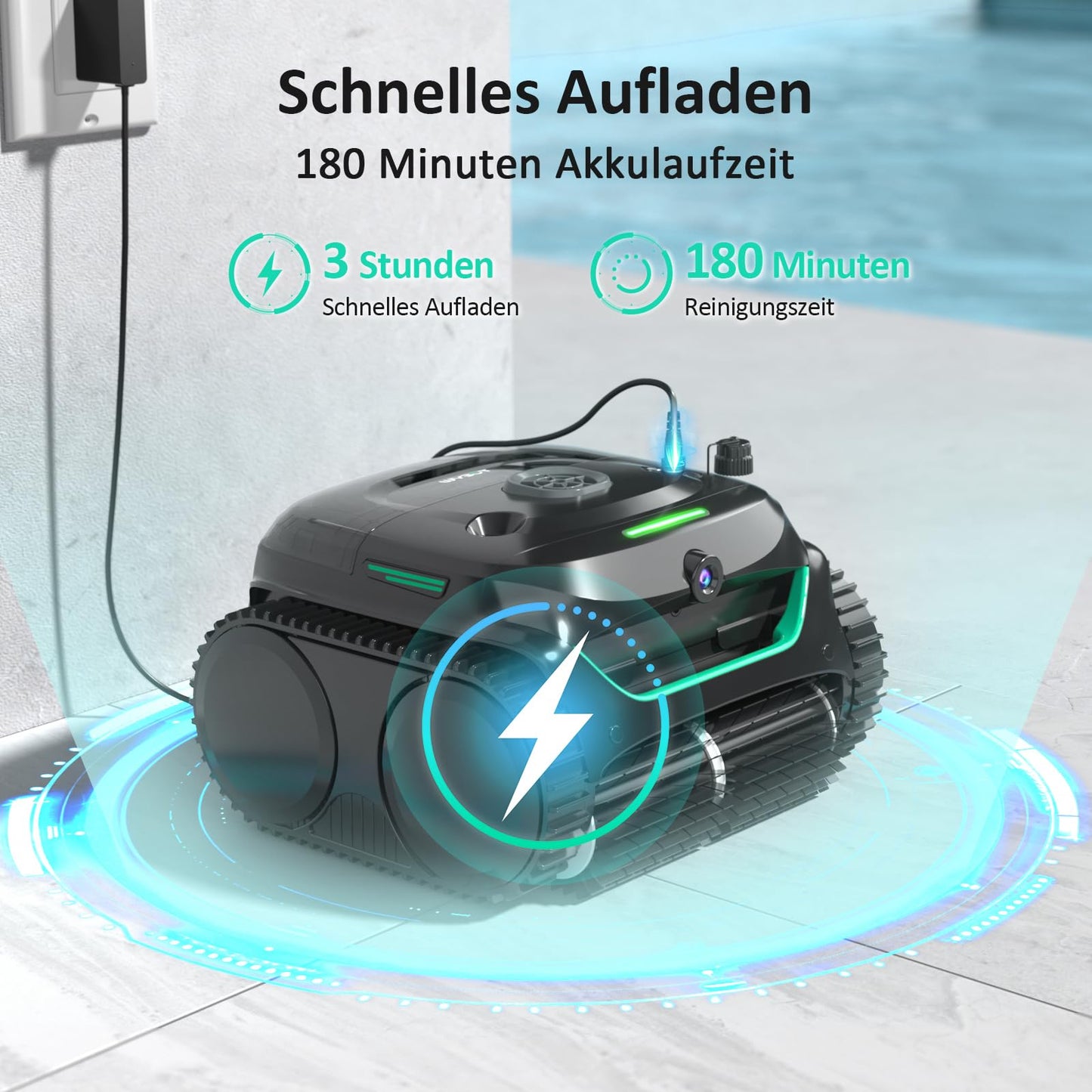 WYBOT C2 Vision AI Kamera Kabelloser poolroboter mit Akku, poolroboter Boden und Wand, Zweischicht-Filterung, leistungsstarke Absaugung, für Eingelassene Pools bis zu 180㎡(Schwarz Grün)