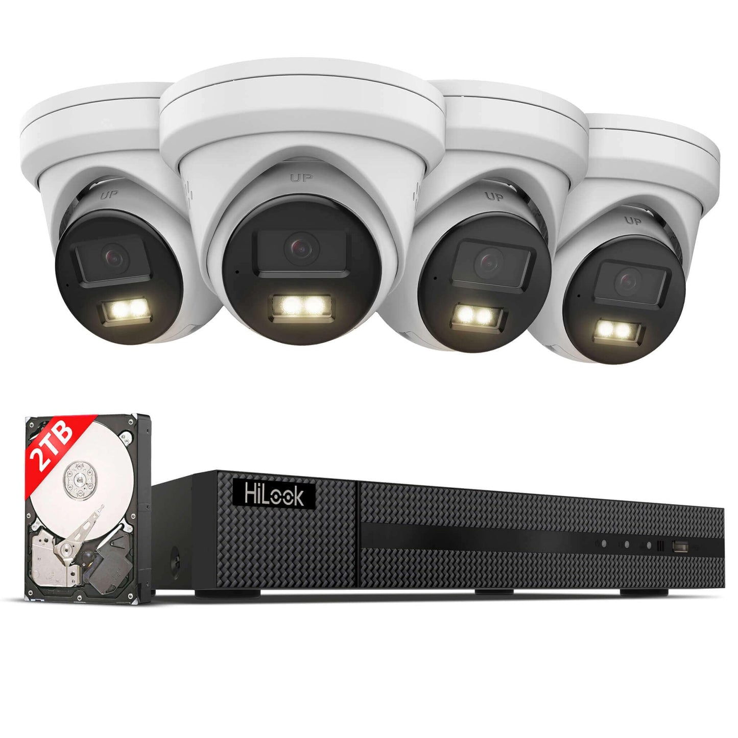 HiLook PoE Kamera Set – 4× 6MP Dome, Farb-/IR-Nachtsicht, KI-Erkennung, SD-Slot, 8CH 4K NVR mit 2TB, App-Steuerung, für Außenbereich