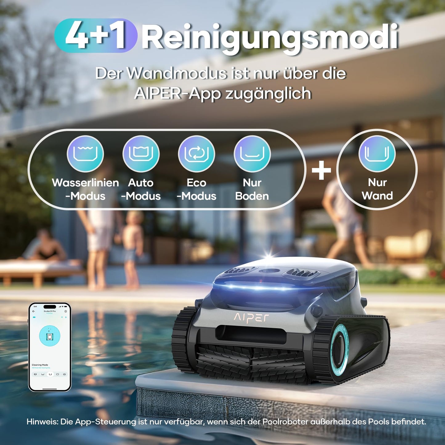 AIPER Scuba S1 Pro Pool Robot Floor and Wall with App 2025, Horizontal Waterline Cleaning, 360° Particulate Filtration, 180 Minutes Running Time, Ideal for Recessed Pools up to 200 ㎡