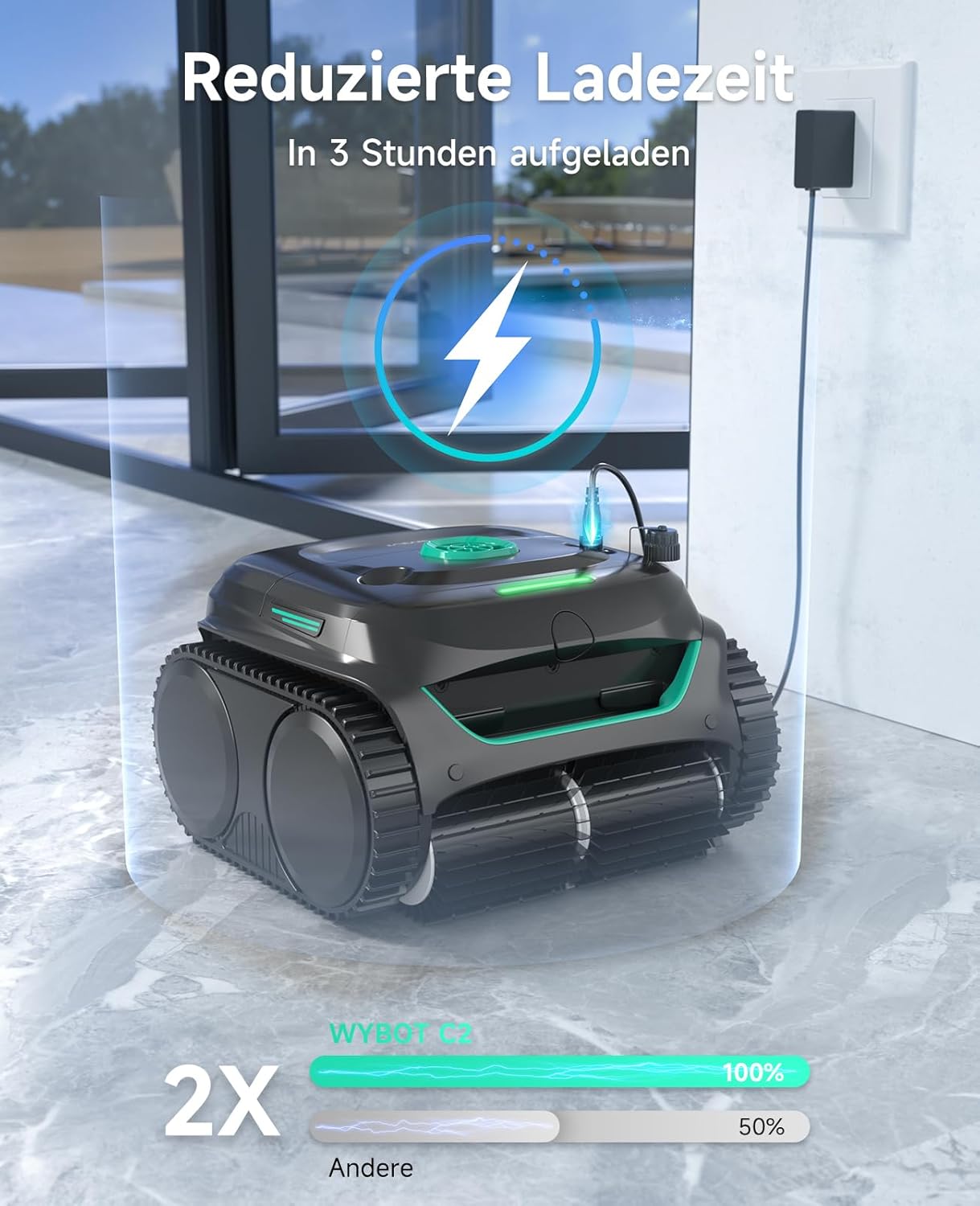 WYBOT C2 Poolroboter Akku Boden und Wand für Einbaupools bis 150㎡, Doppelfiltration, 3-Fach Motor, Starke Saugkraft, Wandkletter & Wasserlinie, 180 Min, App(Grau-Grün Grau)