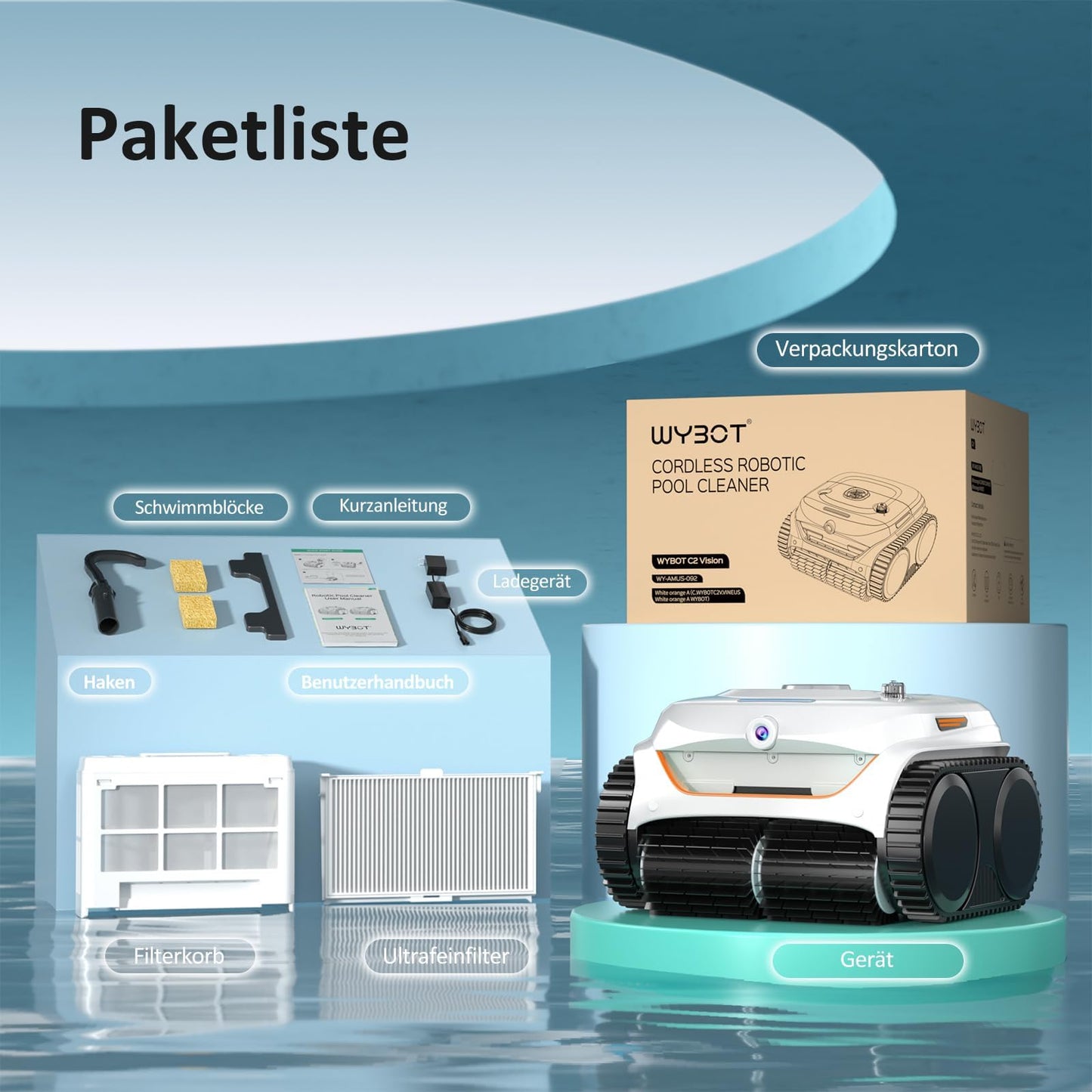 WYBOT C2 Vision AI Kamera Kabelloser poolroboter mit Akku, poolroboter Boden und Wand, Zweischicht-Filterung, leistungsstarke Absaugung, für Eingelassene Pools bis zu 180㎡(Schwarz Grün)