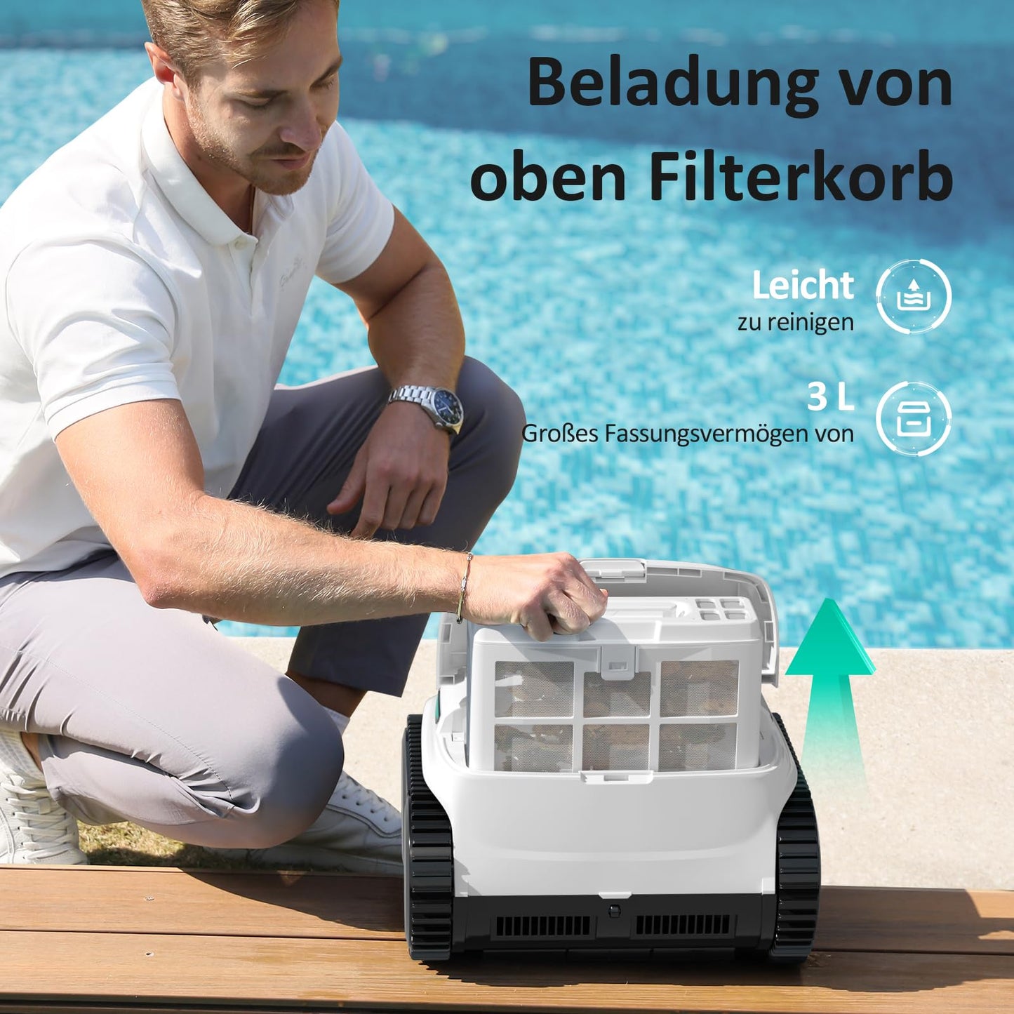 WYBOT C2 Vision AI Kamera Kabelloser poolroboter mit Akku, poolroboter Boden und Wand, Zweischicht-Filterung, leistungsstarke Absaugung, für Eingelassene Pools bis zu 180㎡(Schwarz Grün)