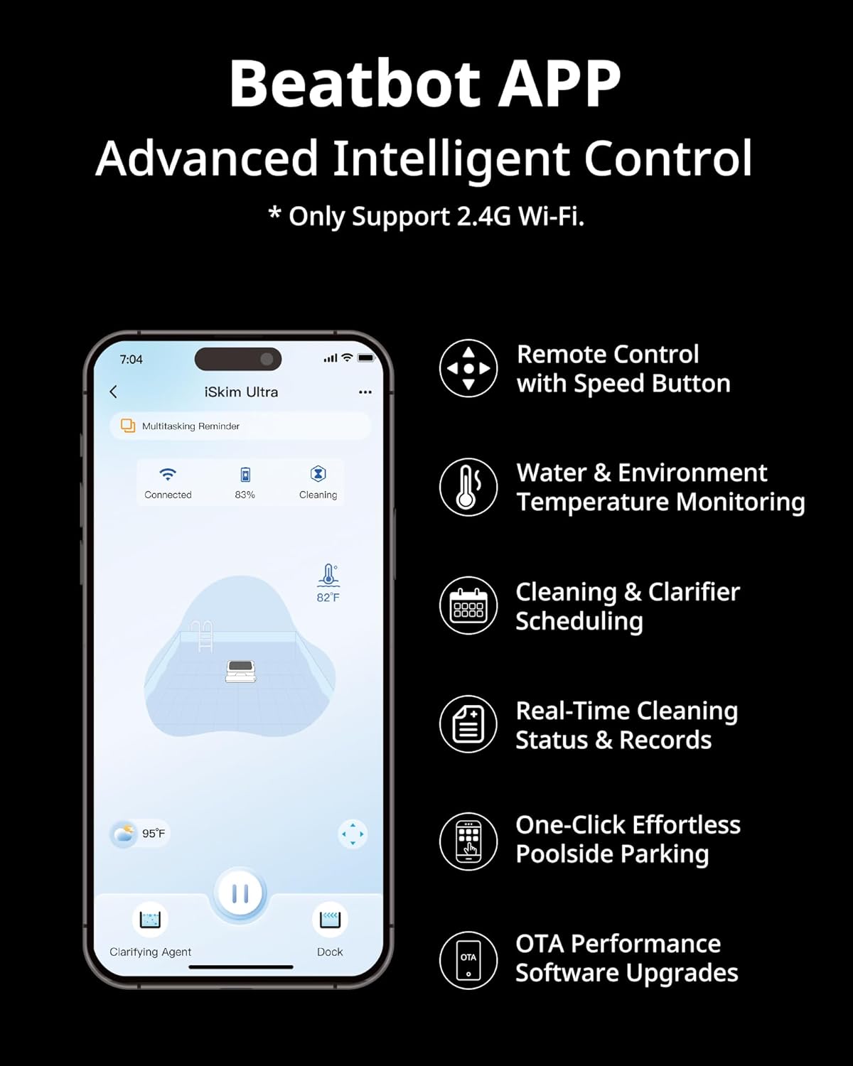 Beatbot iSkim Ultra Solar Powered Robot Pool Skimmer, Pool Cleaning Robot for Surface, Dual Charging Options, Water Clarification, Edge and Corner Cleaning, App Control, Ice Blue