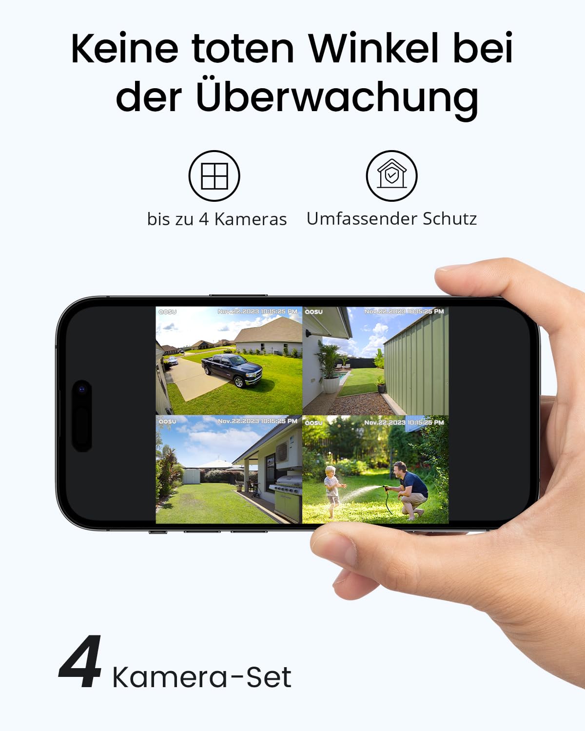 AOSU 3K Solar Überwachungskamera Set – 4× 5MP WLAN-Kameras, ohne Abo, 32GB Homebase, Farbnachtsicht, Auto-Tracking, für Außenbereich