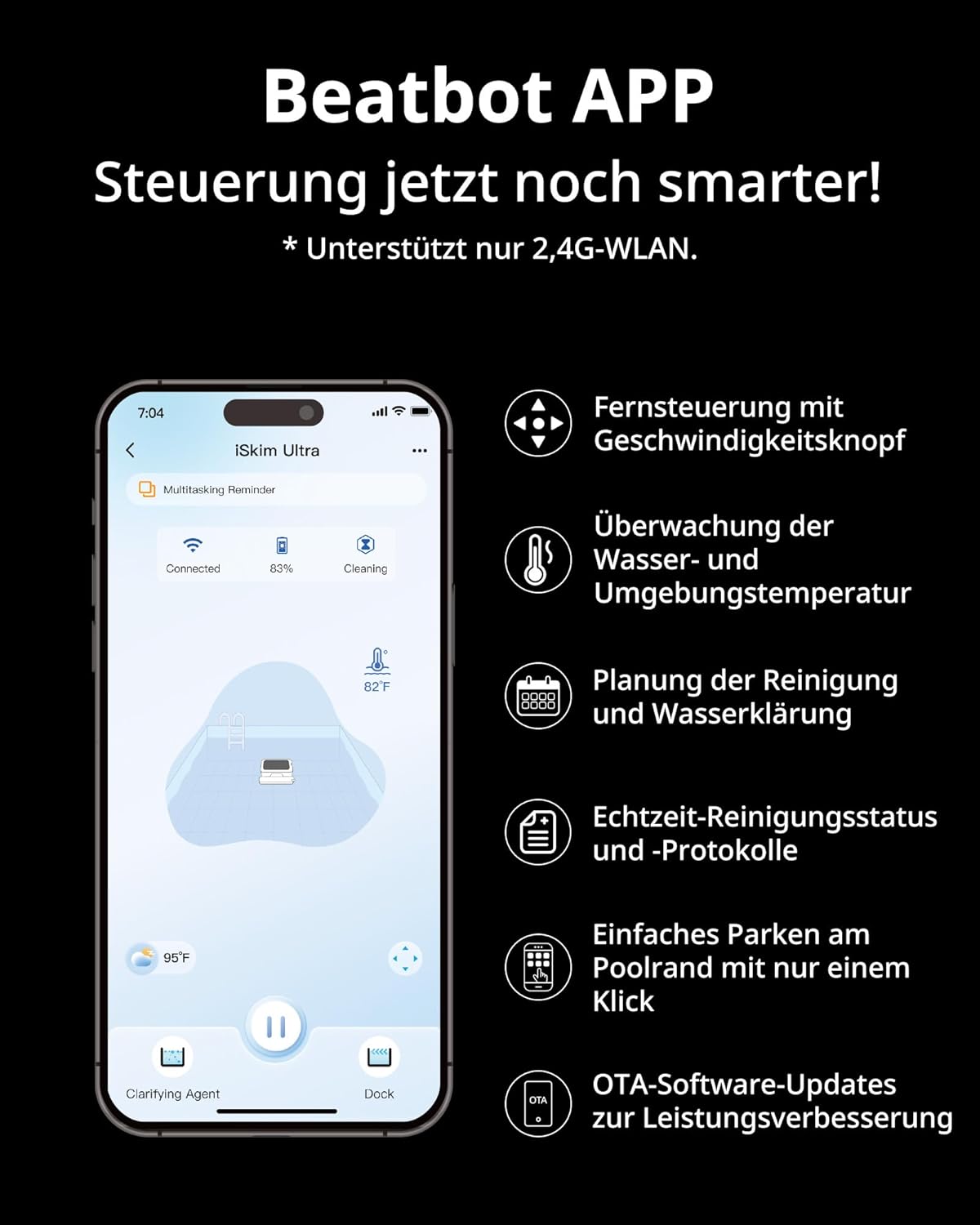 Beatbot iSkim Ultra Solar Powered Robot Pool Skimmer, Pool Cleaning Robot for Surface, Dual Charging Options, Water Clarification, Edge and Corner Cleaning, App Control, Ice Blue