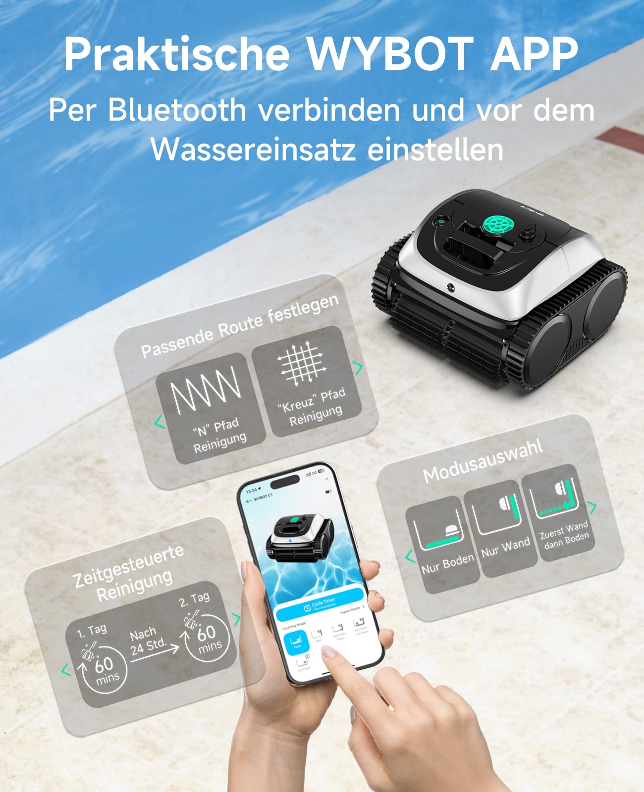 WYBOT C1 Poolroboter mit Akku, 150 Min. Kabellos Poolsauger Poolroboter Boden und Wand, Poolreiniger mit intelligenter Routenplanung, vollautomatische Boden-, Wasserlinien- & Wandreinigung, bis 150 ㎡
