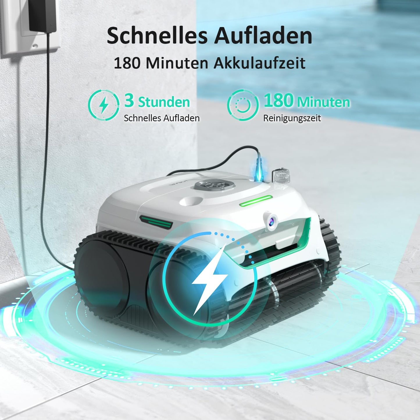 WYBOT C2 Vision AI Kamera Kabelloser poolroboter mit Akku, poolroboter Boden und Wand, Zweischicht-Filterung, leistungsstarke Absaugung, für Eingelassene Pools bis zu 180㎡(Schwarz Grün)