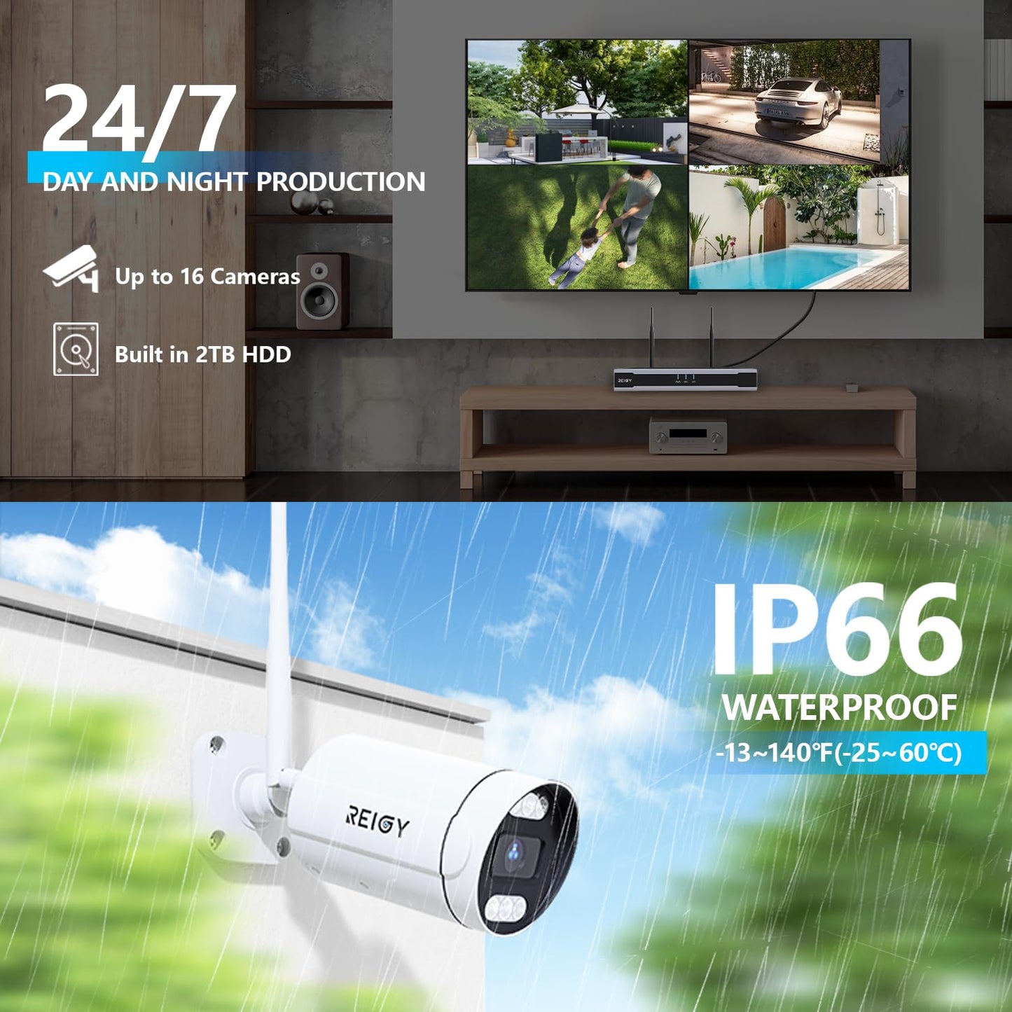 REIGY 8MP WLAN Kamera Set – 4× 4K Outdoor-Kameras, 16CH WiFi NVR mit 2TB, Zwei-Wege-Audio, Bewegungserkennung, Farb-Nachtsicht