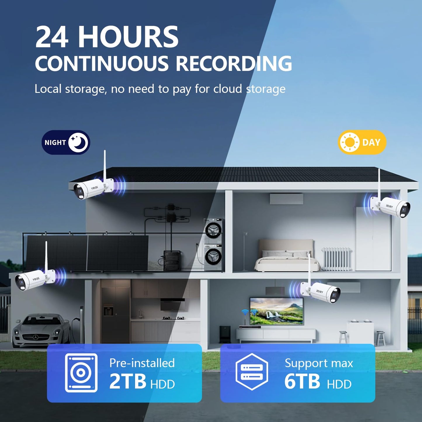 REIGY 8MP WLAN Kamera Set – 4× 4K Outdoor-Kameras, 16CH WiFi NVR mit 2TB, Zwei-Wege-Audio, Bewegungserkennung, Farb-Nachtsicht