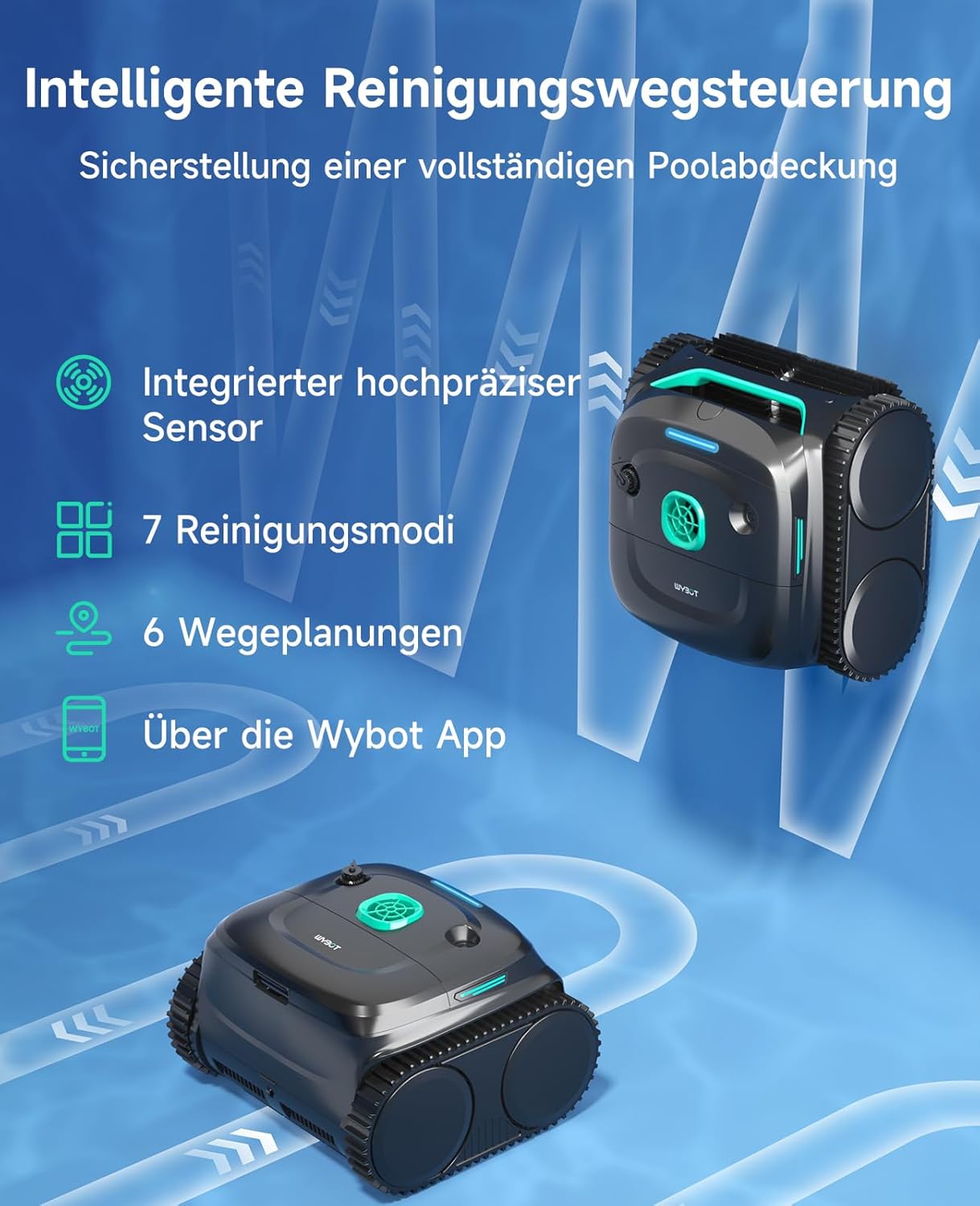 WYBOT C2 Poolroboter Akku Boden und Wand für Einbaupools bis 150㎡, Doppelfiltration, 3-Fach Motor, Starke Saugkraft, Wandkletter & Wasserlinie, 180 Min, App(Grau-Grün Grau)