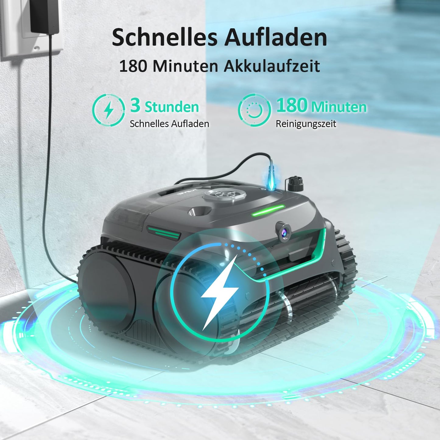 WYBOT C2 Vision AI Kamera Kabelloser poolroboter mit Akku, poolroboter Boden und Wand, Zweischicht-Filterung, leistungsstarke Absaugung, für Eingelassene Pools bis zu 180㎡(Schwarz Grün)