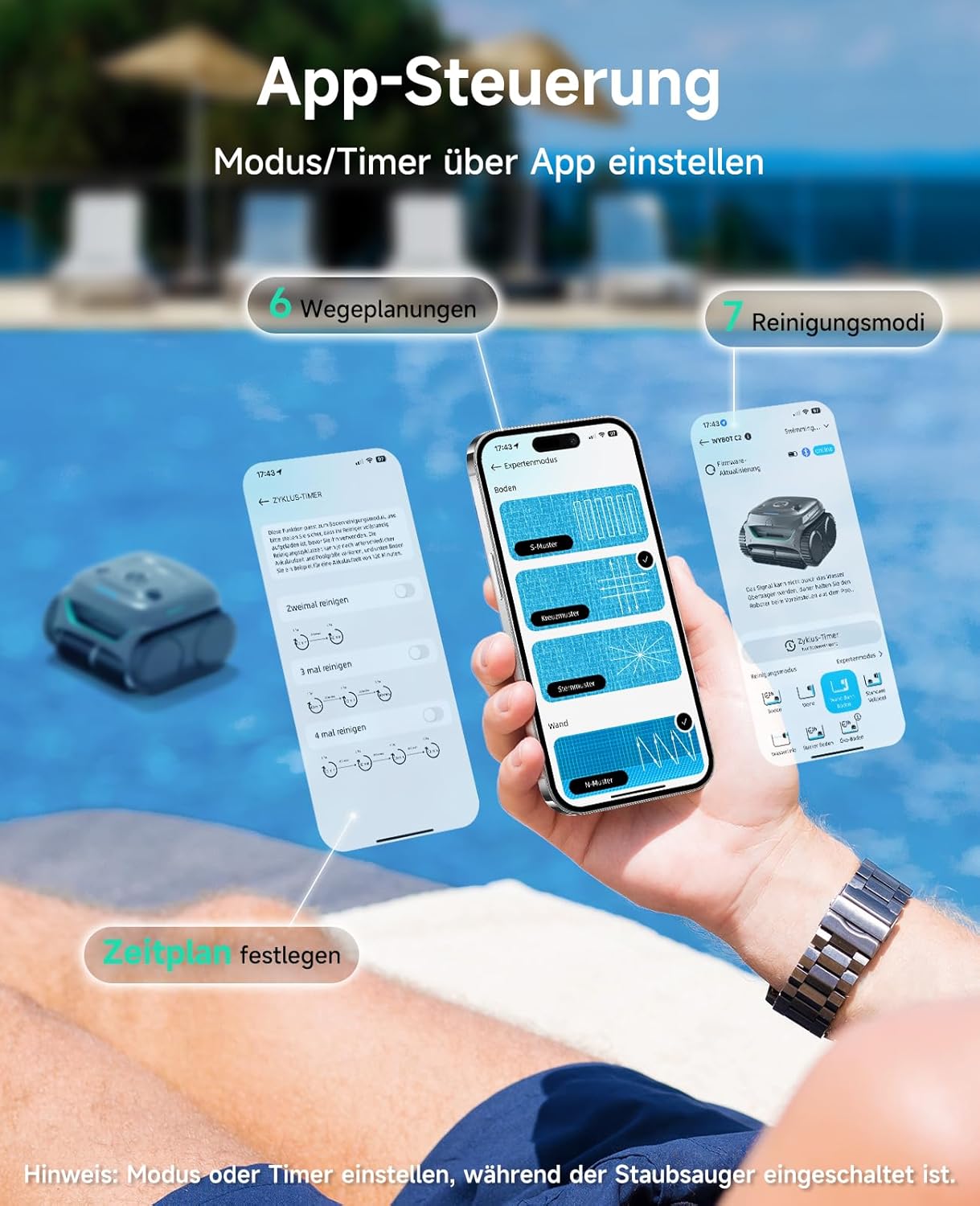 WYBOT C2 Poolroboter Akku Boden und Wand für Einbaupools bis 150㎡, Doppelfiltration, 3-Fach Motor, Starke Saugkraft, Wandkletter & Wasserlinie, 180 Min, App(Grau-Grün Grau)