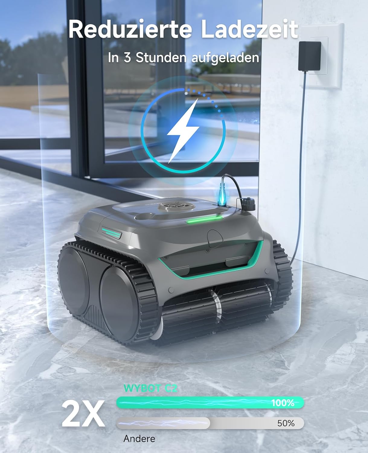 WYBOT C2 Poolroboter Akku Boden und Wand für Einbaupools bis 150㎡, Doppelfiltration, 3-Fach Motor, Starke Saugkraft, Wandkletter & Wasserlinie, 180 Min, App(Grau-Grün Grau)