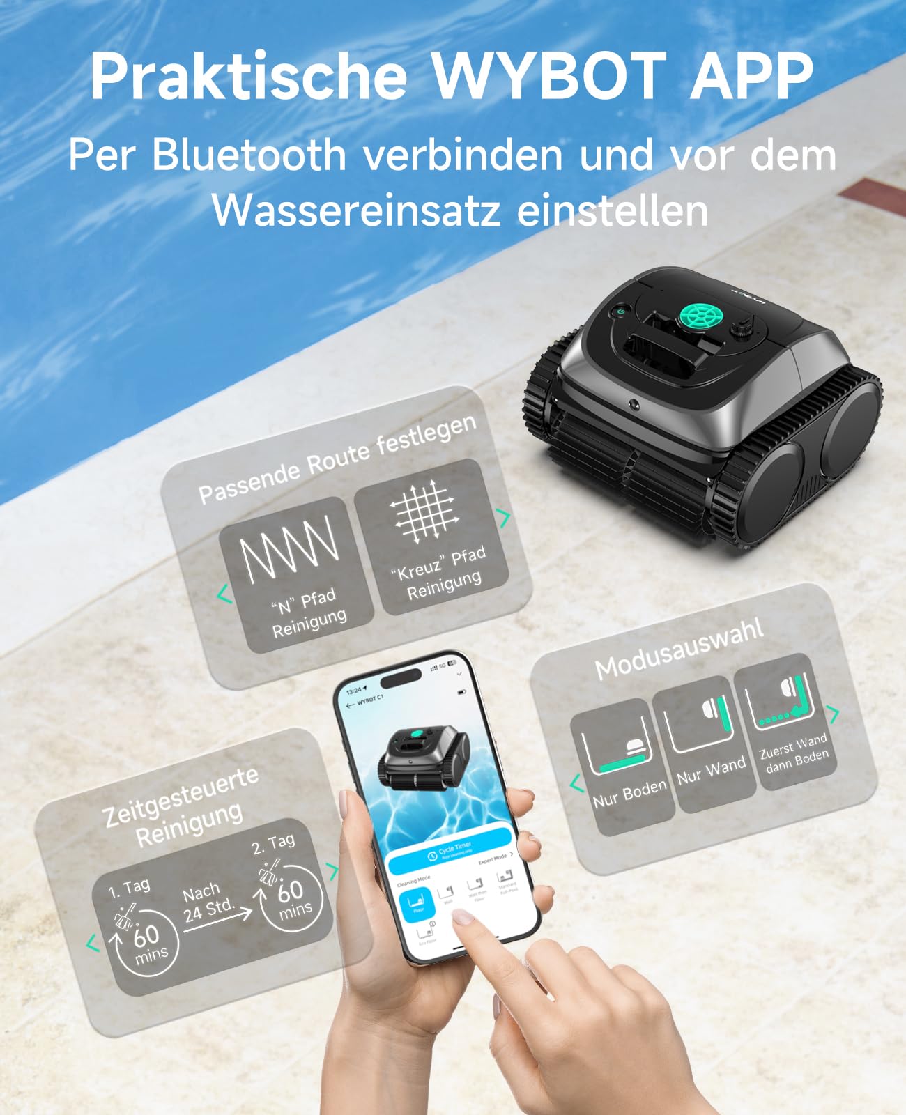 WYBOT C1 Poolroboter mit Akku, 150 Min. Kabellos Poolsauger Poolroboter Boden und Wand, Poolreiniger mit intelligenter Routenplanung, vollautomatische Boden-, Wasserlinien- & Wandreinigung, bis 150 ㎡