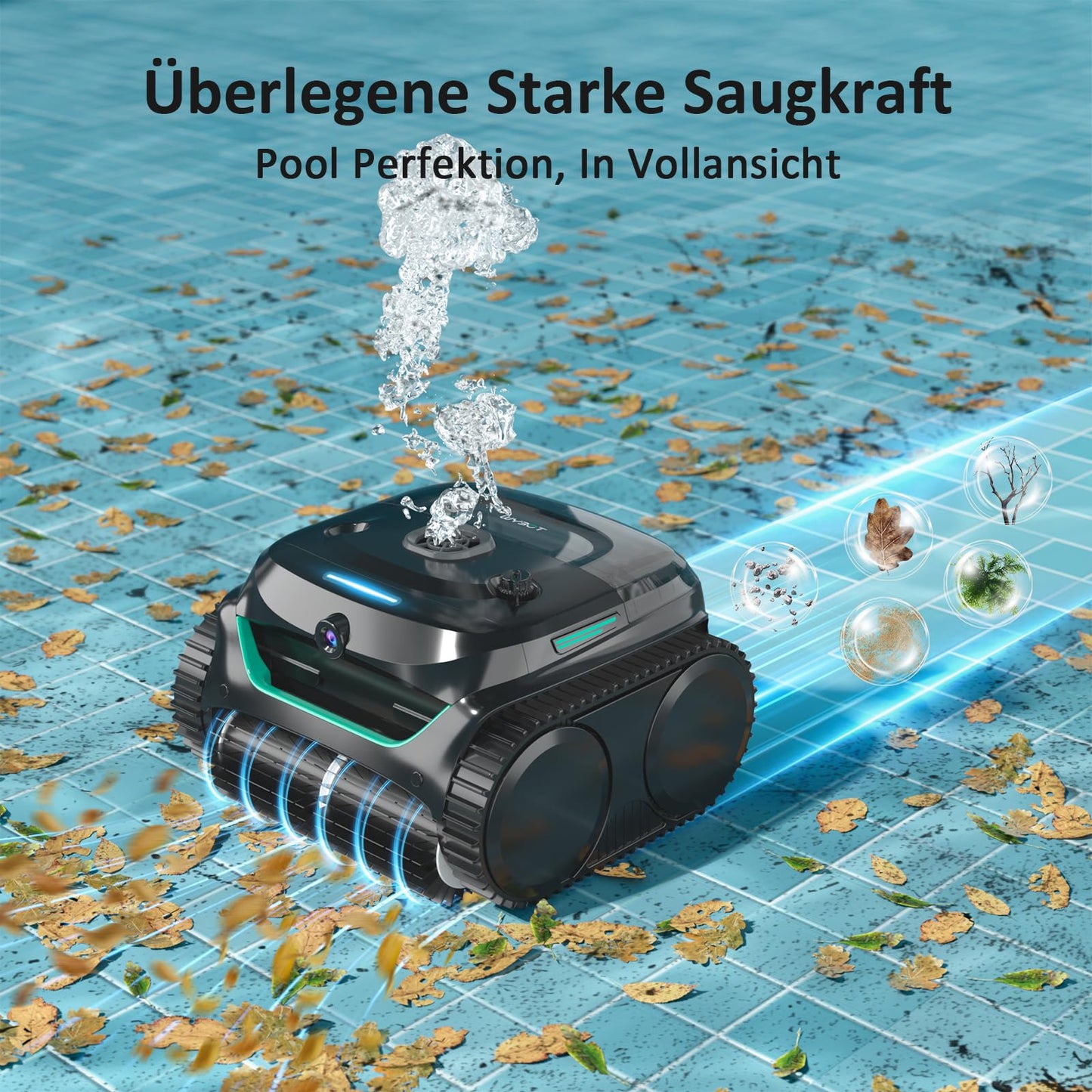 WYBOT C2 Vision AI Kamera Kabelloser poolroboter mit Akku, poolroboter Boden und Wand, Zweischicht-Filterung, leistungsstarke Absaugung, für Eingelassene Pools bis zu 180㎡(Schwarz Grün)