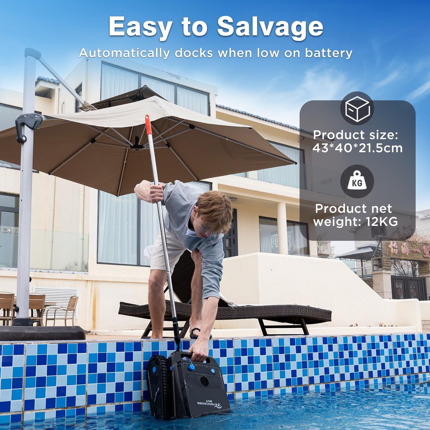 EVERCROSS BOT U8 Kabelloser Poolroboter – Boden-, Wand- & Wasserlinienreinigung, 120 Min Laufzeit, bis 200 m²