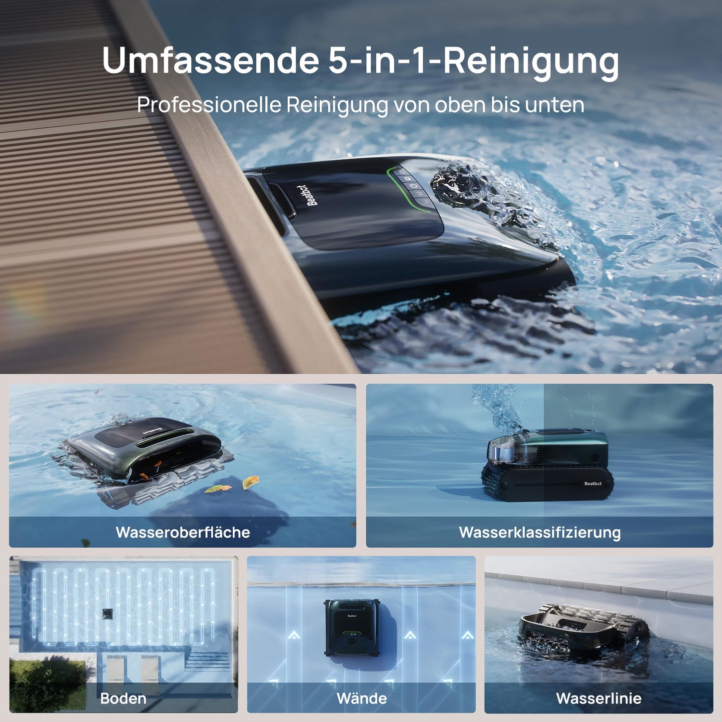 Beatbot AquaSense 2 Pro Pool Robot, Pool Vacuum Cleaner Design for Cleaning Floor, Wall, Surfaces and Clarifies Water, Floats on Water Surface After Cleaning, Smart Navigation, Pools up to 360 m²