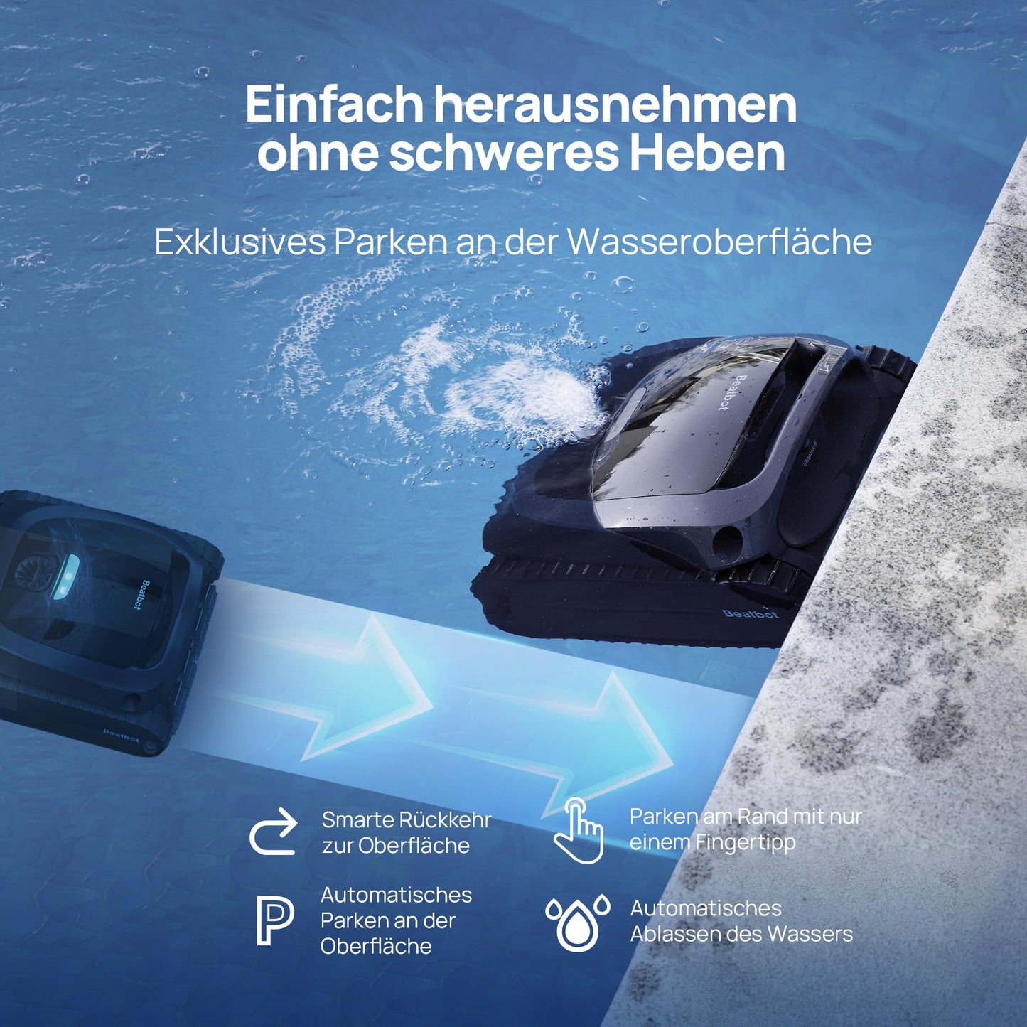 Beatbot AquaSense 2 Poolroboter, Akku Poolsauger mit Oberflächen-Parkfunktion, Poolreiniger Boden und Wand, Doppelte Reinigung der Wasserlinie, für Pools bis zu 300 m²
