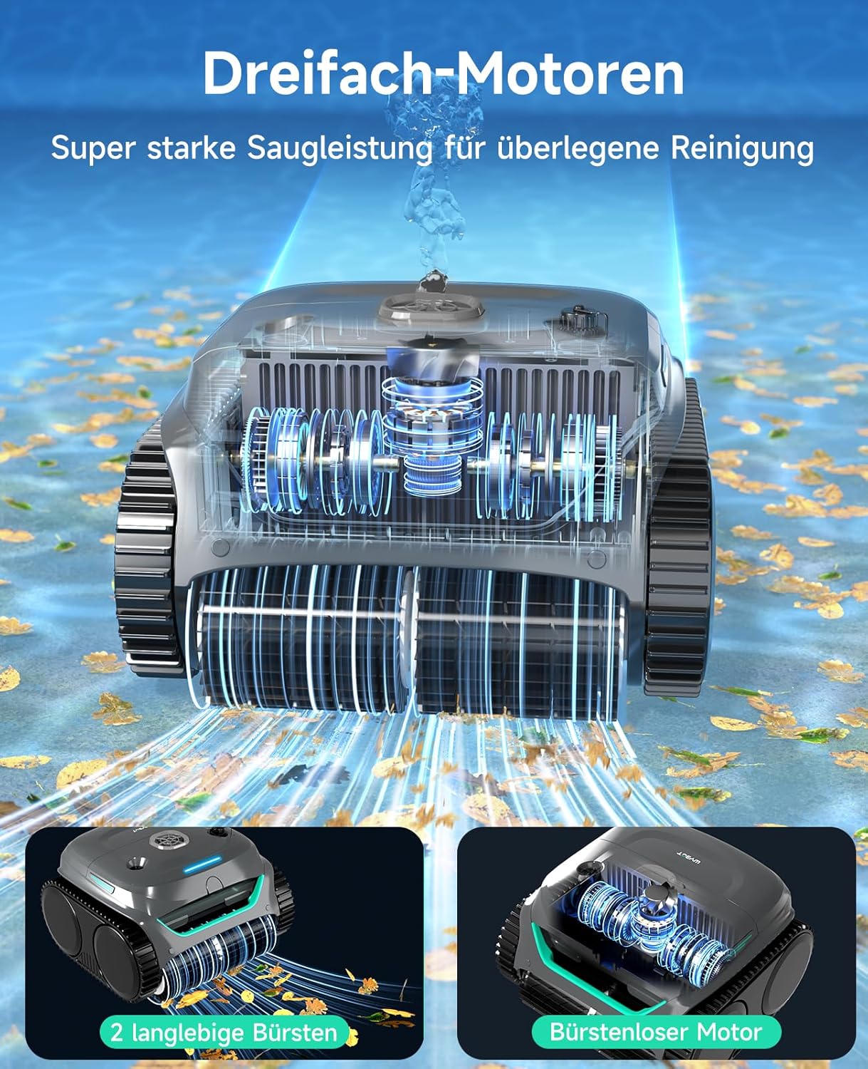 WYBOT C2 Poolroboter Akku Boden und Wand für Einbaupools bis 150㎡, Doppelfiltration, 3-Fach Motor, Starke Saugkraft, Wandkletter & Wasserlinie, 180 Min, App(Grau-Grün Grau)