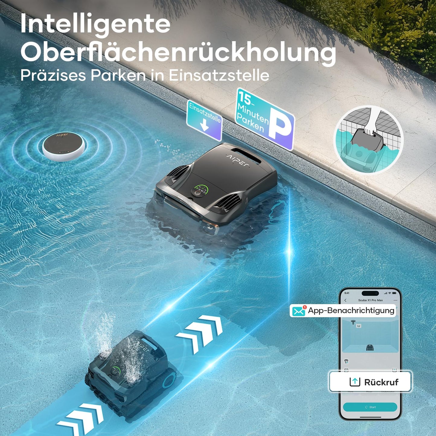 AIPER Scuba X1 Pro Max Pool Robot Floor and Wall, 360° Mapping, Adaptive Route Planning, Water Line, 32000 LPH Power, All-in-One Pool Cleaner Battery for All Recessed Pools up to 300 ㎡