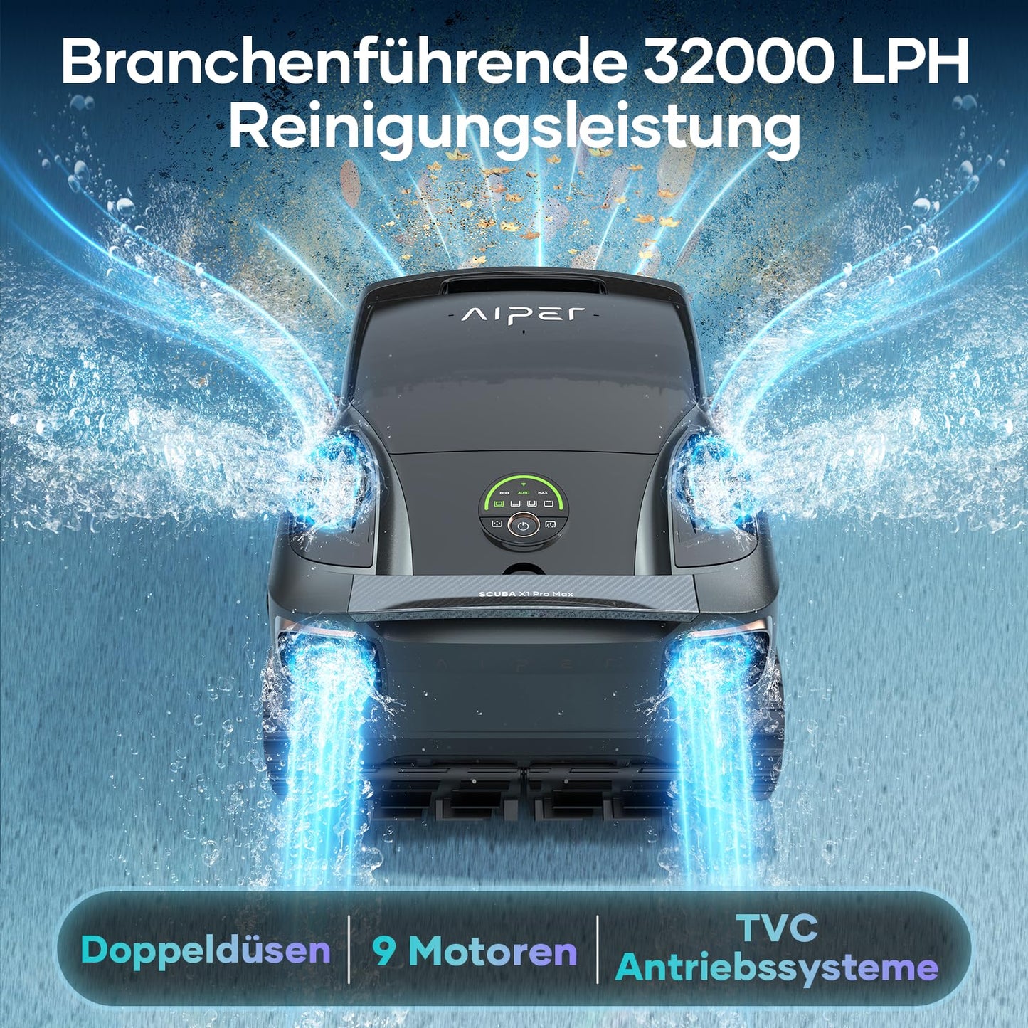 AIPER Scuba X1 Pro Max Pool Robot Floor and Wall, 360° Mapping, Adaptive Route Planning, Water Line, 32000 LPH Power, All-in-One Pool Cleaner Battery for All Recessed Pools up to 300 ㎡