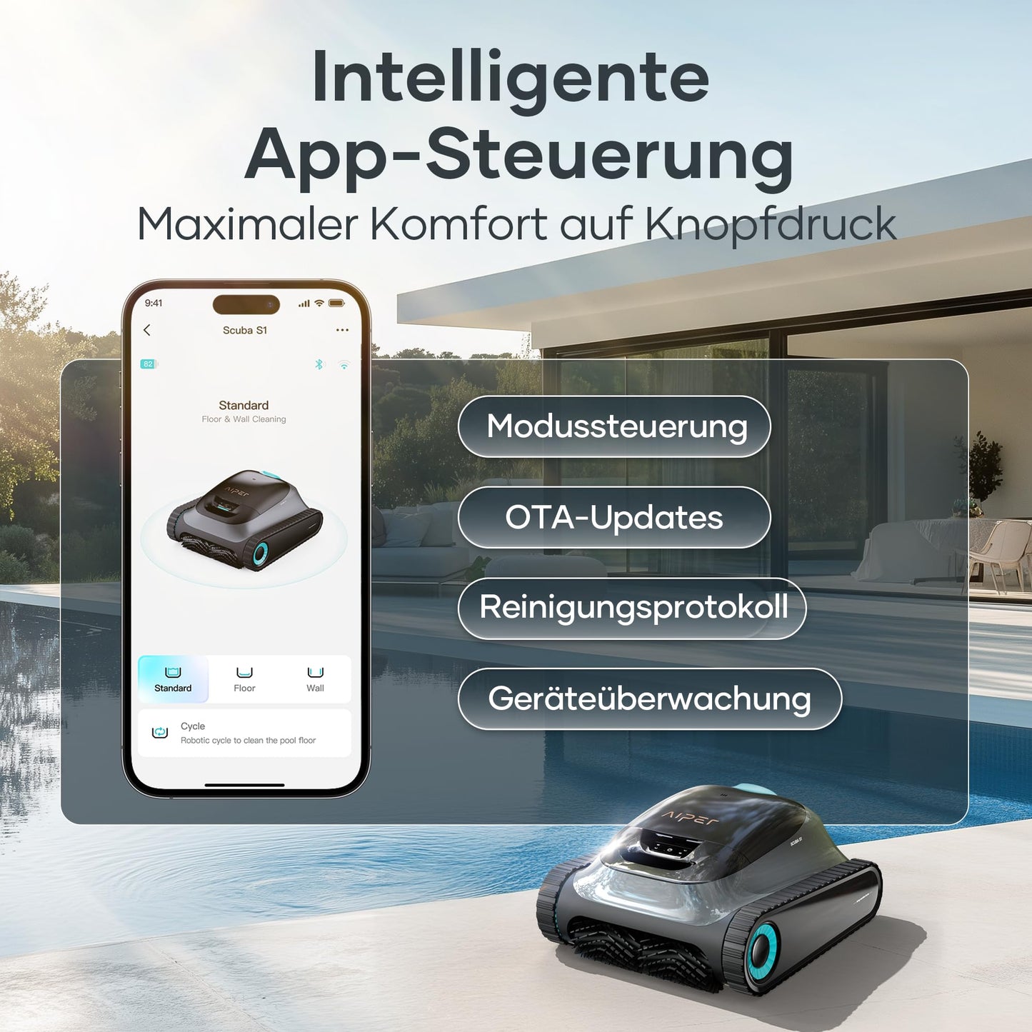 AIPER Scuba S1 Pool Robot Floor and Wall, Waterline Cleaning, 3μm Ultra Fine Filter, 180 Min. Battery Life, 15900LPH Powerful Pool Vacuum Cleaner with App, for Recessed Pools