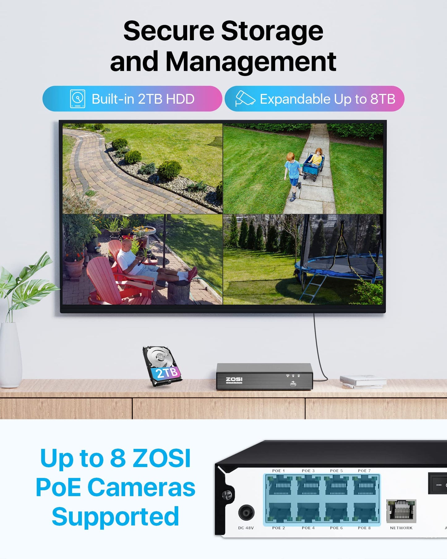 ZOSI 5MP PoE Kamera Set – 4× PTZ Dome (355°/140°), 8CH 4K NVR mit 2TB, 2-Wege-Audio, Licht- & Tonalarm, für Außenbereich