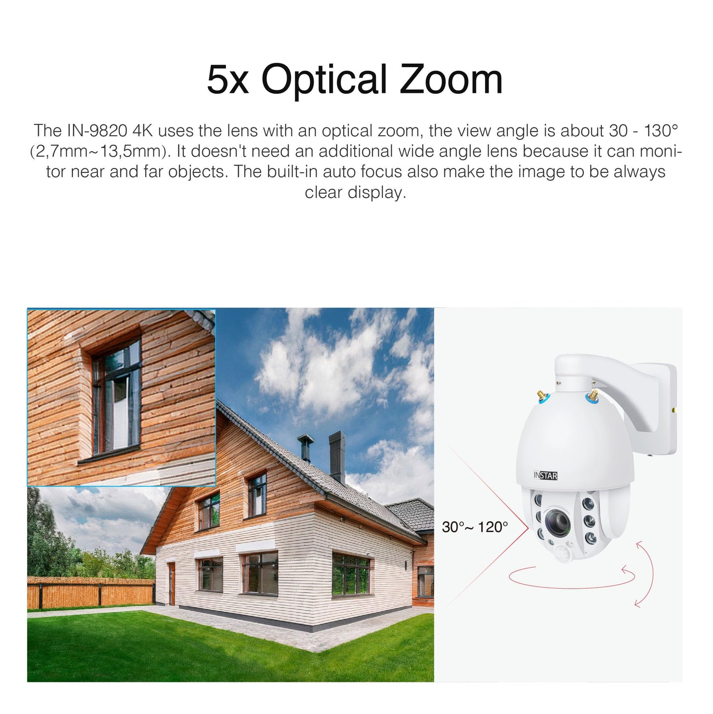 INSTAR IN-9820 4K Kamera – Außen, PTZ mit 5× Zoom, WLAN/LAN/PoE, HomeKit, Personenerkennung, Nachtsicht, 2-Wege-Audio, PIR, WPA3, Weiß
