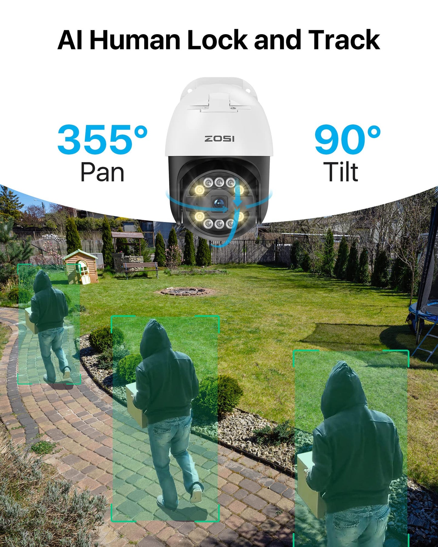 ZOSI 5MP PoE Kamera Set – 4× PTZ Dome (355°/140°), 8CH 4K NVR mit 2TB, 2-Wege-Audio, Licht- & Tonalarm, für Außenbereich