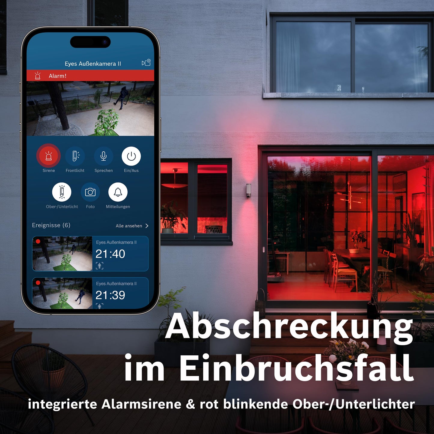 Bosch Smart Home Außenkamera II – 1080p, Sirene & Design-Leuchte, Alexa-kompatibel, wetterfest, anthrazit (Amazon exklusiv)