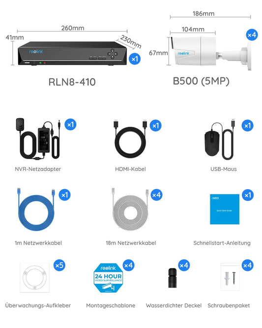 Reolink 5MP Kamera Set – 4× PoE Outdoor-Kameras, 8CH NVR mit 2TB, Personen-/Fahrzeugerkennung, IR-Nachtsicht, 24/7 Überwachung (RLK8-410B4-5MP)