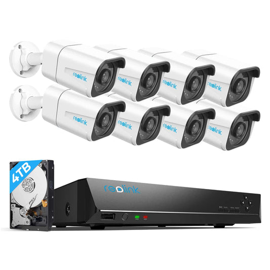 Reolink 4K Kamera Set – 8× 8MP PoE, 16CH NVR mit 4TB, Personen-/Fahrzeugerkennung, 30 m IR-Nachtsicht, IP66, für außen & innen (RLK16-800B8)