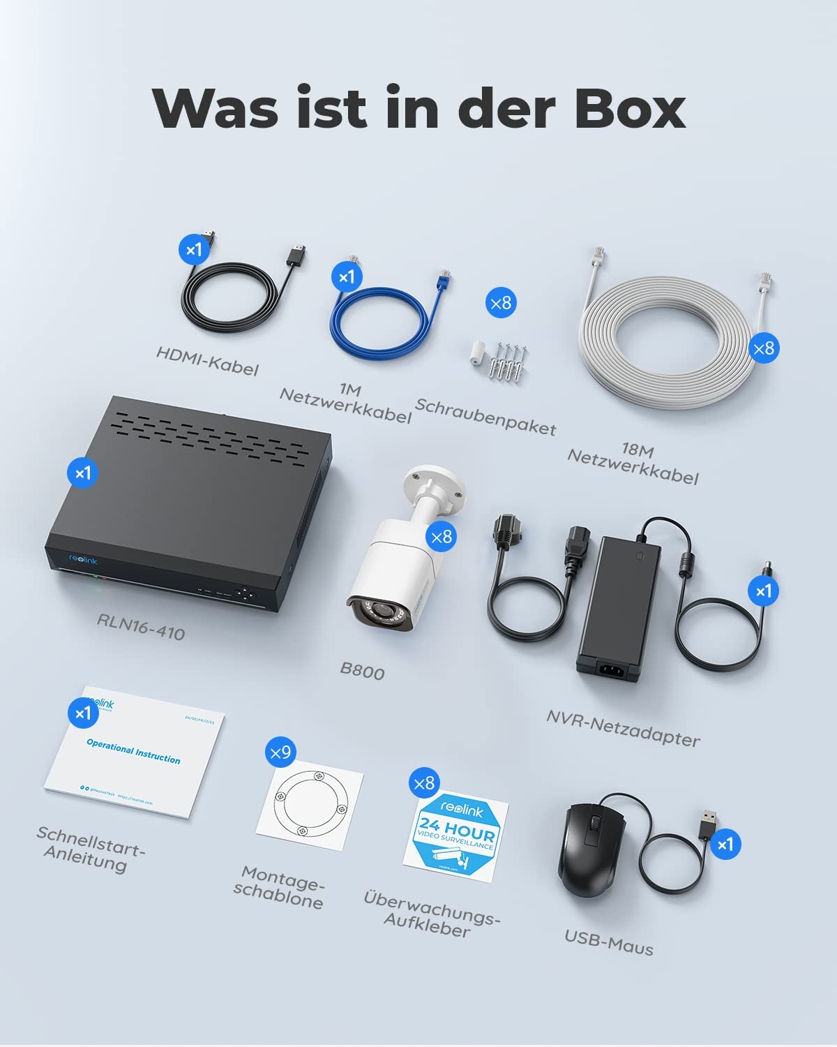 Reolink 4K Kamera Set – 8× 8MP PoE, 16CH NVR mit 4TB, Personen-/Fahrzeugerkennung, 30 m IR-Nachtsicht, IP66, für außen & innen (RLK16-800B8)