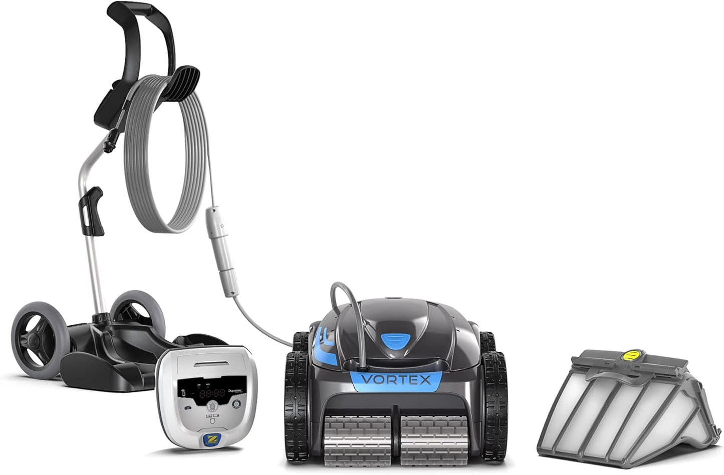 Automatischer Poolroboter Zodiac VORTEX 4WD. Bis zu 12x6 m, reinigt Boden, Wände und Wasserlinie. Fernbedienung und Lift System über App. Inklusive Swivel und Transportwagen. OV 5480 iQ