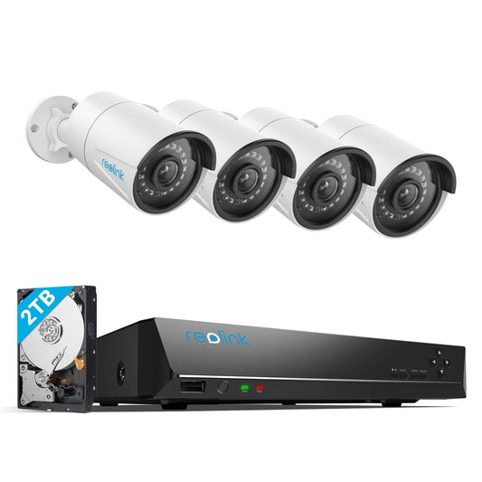 Reolink 5MP Kamera Set – 4× PoE Outdoor-Kameras, 8CH NVR mit 2TB, Personen-/Fahrzeugerkennung, IR-Nachtsicht, 24/7 Überwachung (RLK8-410B4-5MP)
