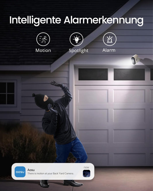 AOSU 3K Solar Überwachungskamera Set – 4× 5MP WLAN-Kameras, ohne Abo, 32GB Homebase, Farbnachtsicht, Auto-Tracking, für Außenbereich