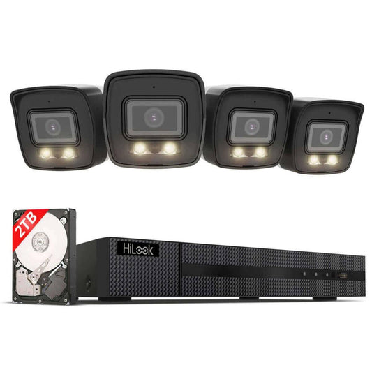 HiLook 4K PoE Kamera Set – 4× 8MP Bullet, SD-Slot, Farb-/IR-Nachtsicht, KI-Erkennung, 8CH NVR mit 2TB, App-Steuerung, für Außenbereich