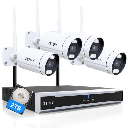 REIGY 8MP WLAN Kamera Set – 4× 4K Outdoor-Kameras, 16CH WiFi NVR mit 2TB, Zwei-Wege-Audio, Bewegungserkennung, Farb-Nachtsicht