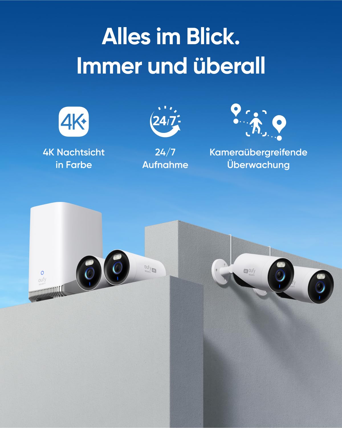 eufyCam E330 Set (4 Kameras) – 4K, 24/7 Aufnahme, Netzstrom, KI-Gesichtserkennung, HomeBase 3, starkes Wi-Fi, keine Gebühren, für Außen